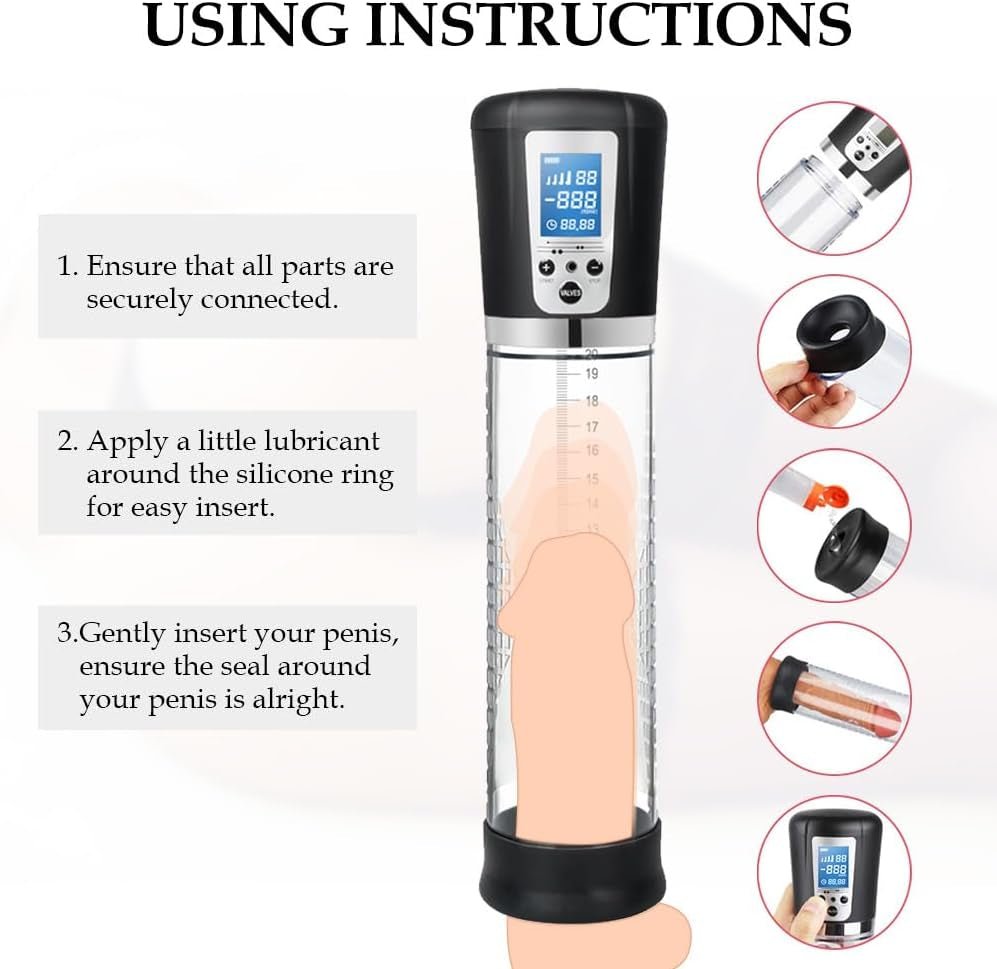 Male Penis Pump Sex Toys, Automatic Enlargers & Extend Pump for Men with LED Display, Adult Toys for Men Penis Entender Erection Pumps, Sex Toys - Pumps & Enlargers (6 Cock Rings) - SinfulX - 