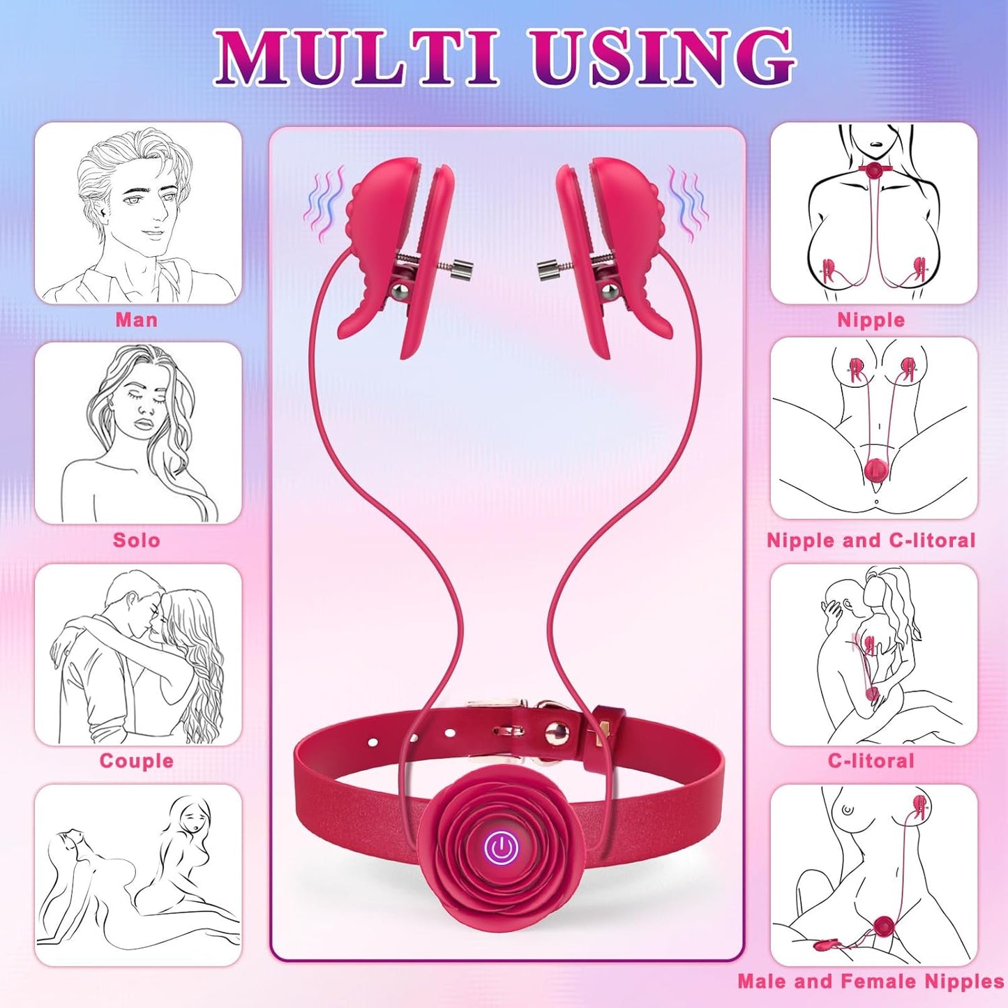 Nipple Toys Vibrator with BDSM Rose Necklace Sex Toys,  Nipple Clamps Sex Pleasure Tools for Women Couples, Adjustable Nipple Clips Vibrators with BDSM Choker Breast Flirting Stimulate