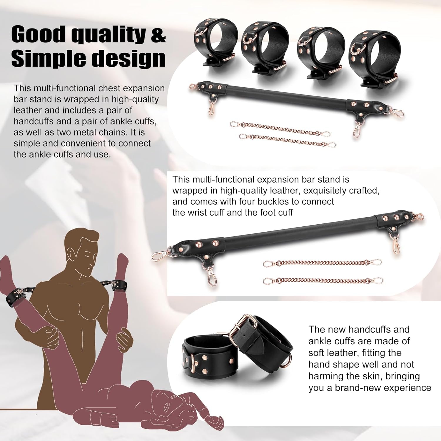 BDSM Spreader Bar Adult Sex Toys with Handcuffs and Ankle Cuffs Bondage Kits Adjustable Handcuffs Restraints Set for Adult Couples Sex Toy - SinfulX - 