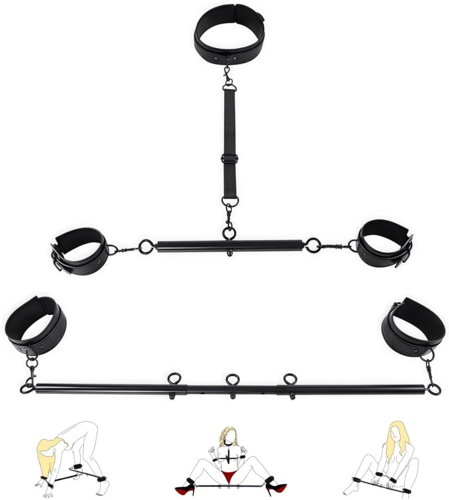 Spreader Bar BDSM Bondage Restraints Kits Sex Toys with Wrist Ankle Neck Collar Cuffs PU Leather Handcuffs Adjustable Adult Couples Toys for SM Games - SinfulX - 