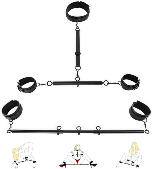 Spreader Bar BDSM Bondage Restraints Kits Sex Toys with Wrist Ankle Neck Collar Cuffs PU Leather Handcuffs Adjustable Adult Couples Toys for SM Games - SinfulX - 