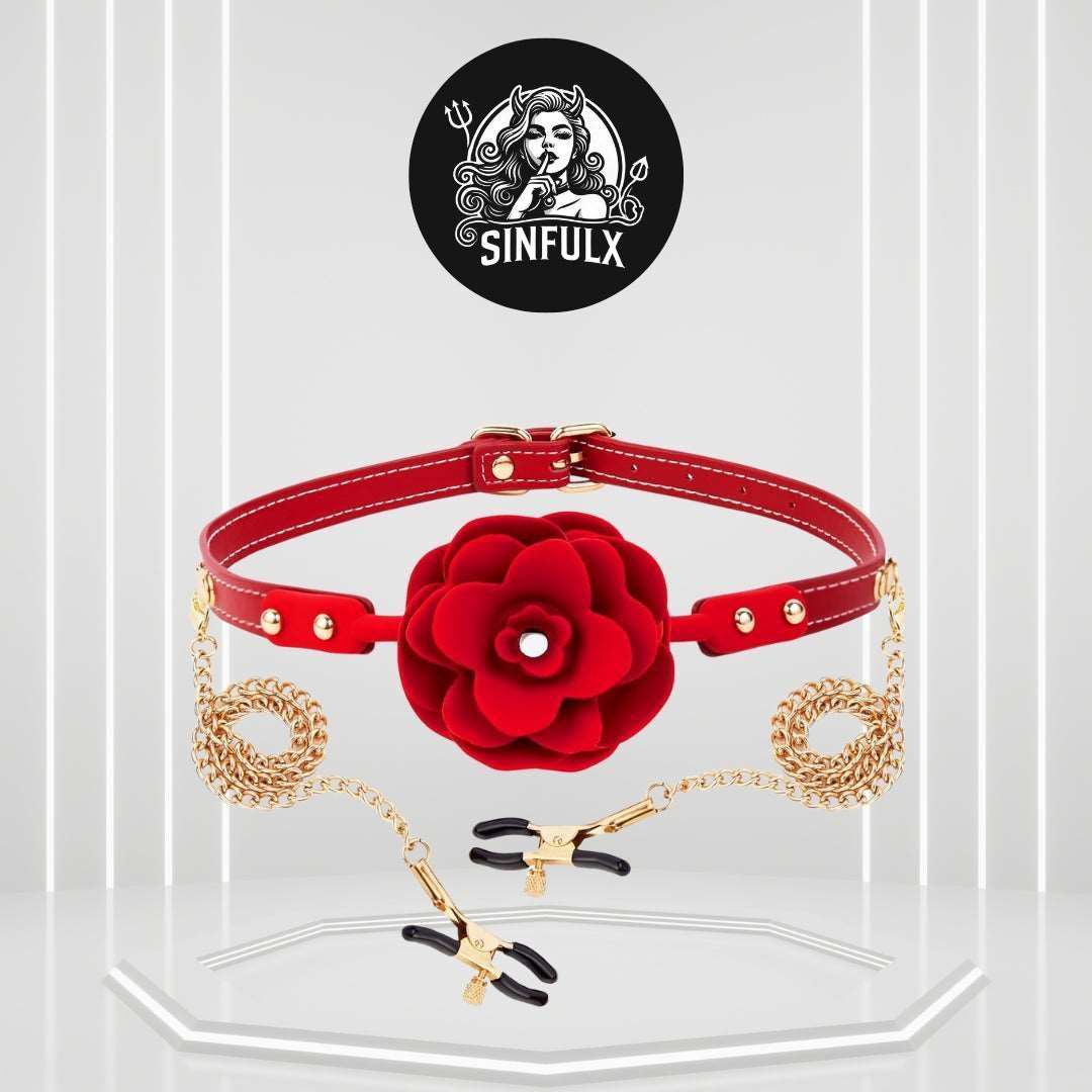Elegant Rose Ball Gag with Nipple Clip Restraint Set - SinfulX