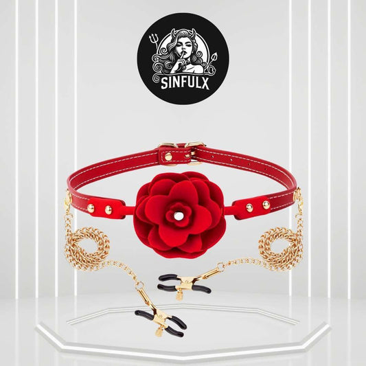 Elegant Rose Ball Gag with Nipple Clip Restraint Set - SinfulX