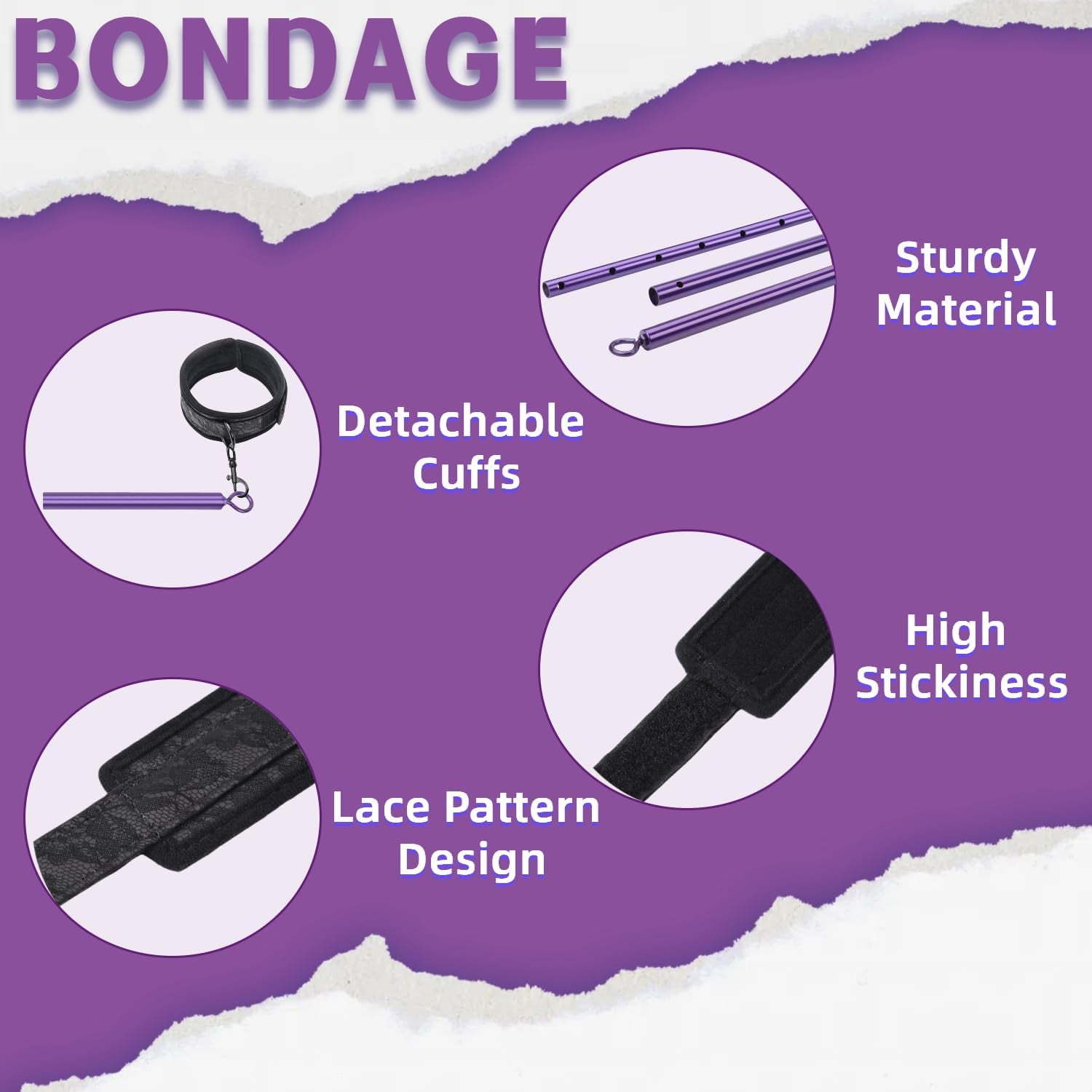 Spreader Bar BDSM Bondage Restraints Kits with Wrist Ankle Neck Collar Adjustable Handcuffs Sex Toys SM Games for Men Women and Couples (Purple) - SinfulX - 