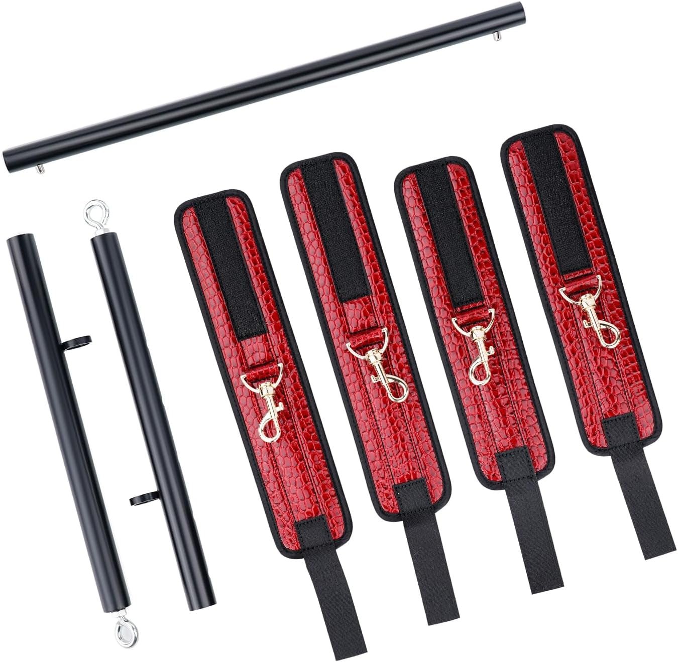 Spreader Bar Heavy Duty Stainless Steel Expandable Bar Home Gym with 4Pcs Furry Crocodile Red Adjustable Strap,Sports Aid Training Pilates Aid Kit,Indoor Yoga Set - SinfulX - 