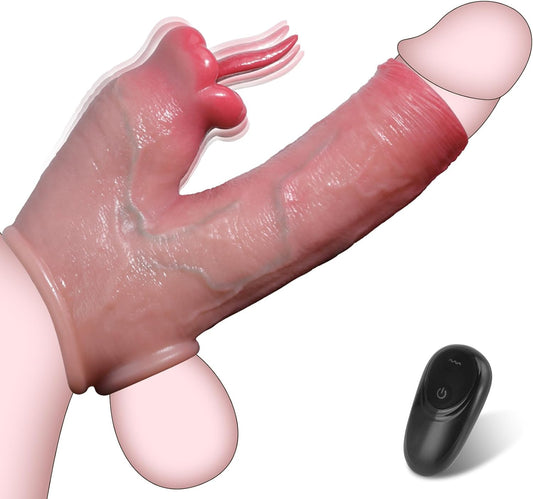 Penis Sleeve Vibrator Cock Ring - Penis Extender Cock Sleeve Delay Ejaculation with Clitoral Stimulator, Remote Control Penis Enlarger Elastic Penis Ring with 10 Vibrating Mode, Male Sex Toys for Men - SinfulX - 