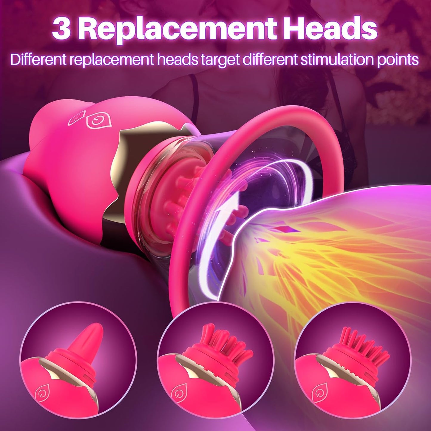 Sucking Vibrator Rose Toy with 3 Brush Heads 2 Removable Cups, Adult Sex Toys Clit Sucker for Clitoral Nipple Stimulation, Nipple Sex Toy Vibrators with 12 Rotation for Women or Couples - SinfulX - 