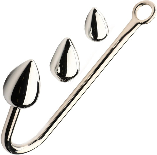 Anal Hook Trainer Anal Hook with 3 Plugs for Men, Women & Couples. Stainless Steel Hook, 3 Interchangeable Aluminum Alloy Plugs, Tapered for Easier Insertion. 4 Pieces, Grey - SinfulX - 