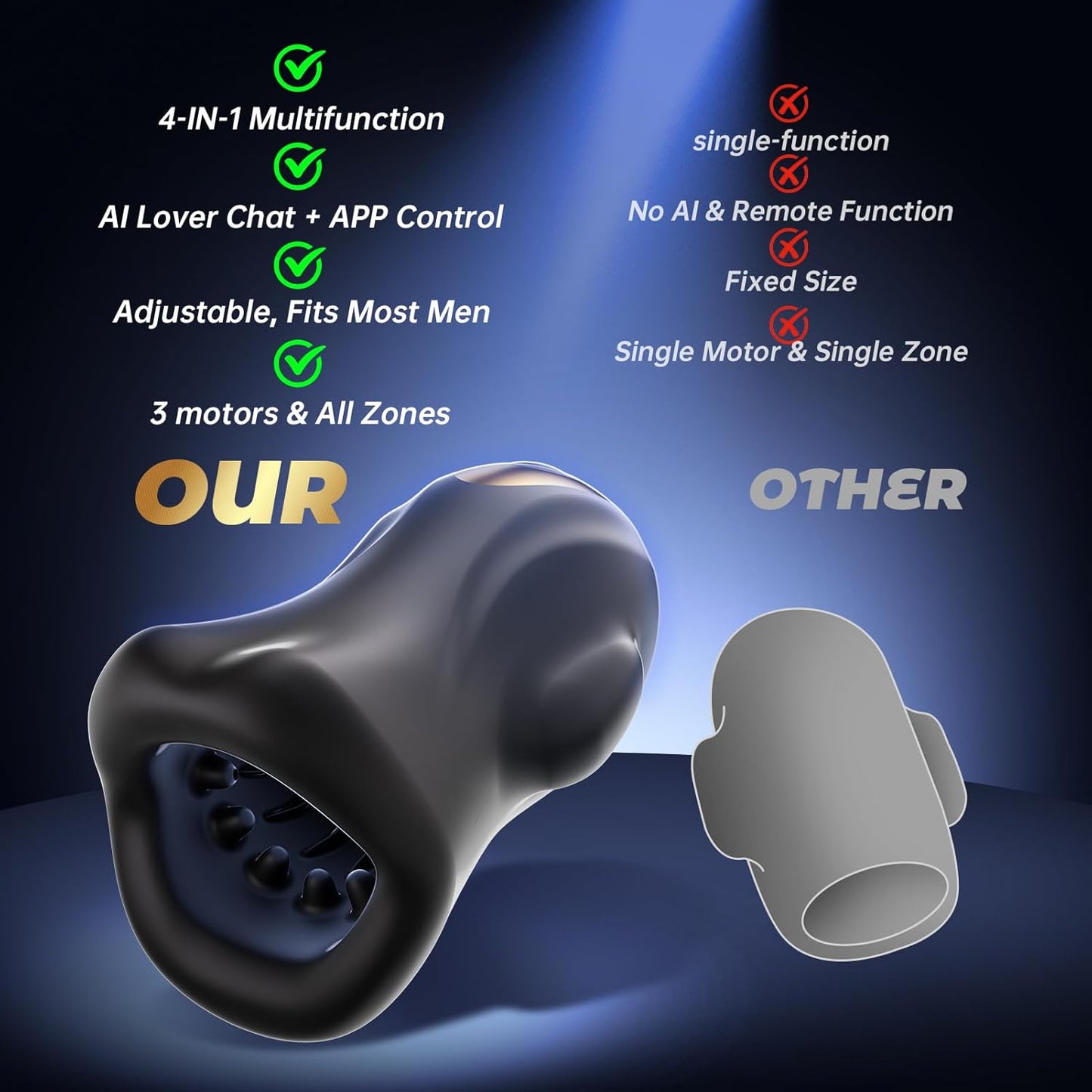Male Sex Toys for Men Glans Vibrator, 4 - In - 1 Male Masturbator with 9 Vibrating Modes & 3 Motors & Smart AI Sync App for 360° Pocket Pussy Wrap, Penis Training Stimulator Blowjob Simulator Adult Toy - SinfulX - 