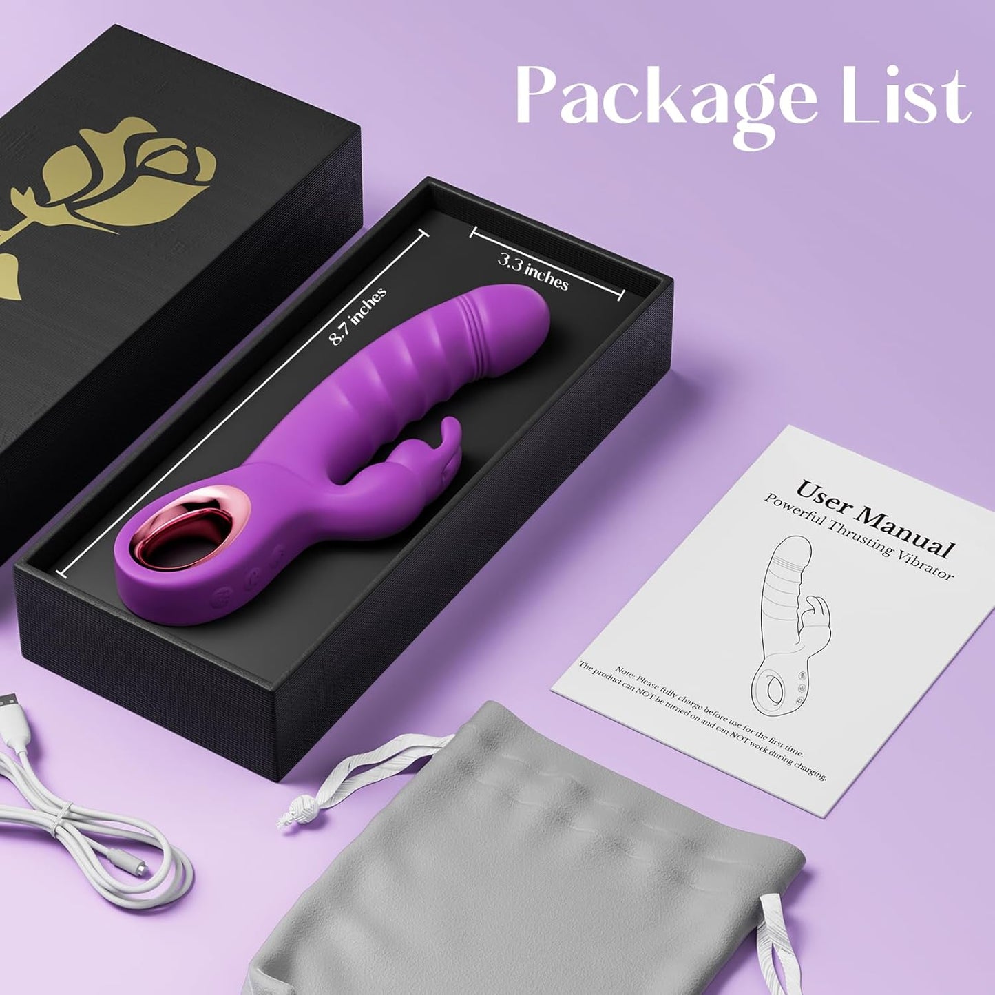 Thrusting Dildo Vibrator Sex Toys - Rose Toy Dildos with 7 Thrusting & Rabbit & Vibration Modes - Independent Control Adult Toys with Multiple Stimulation, Rabbit Vibrators for Women (Dark Purple) - SinfulX - 