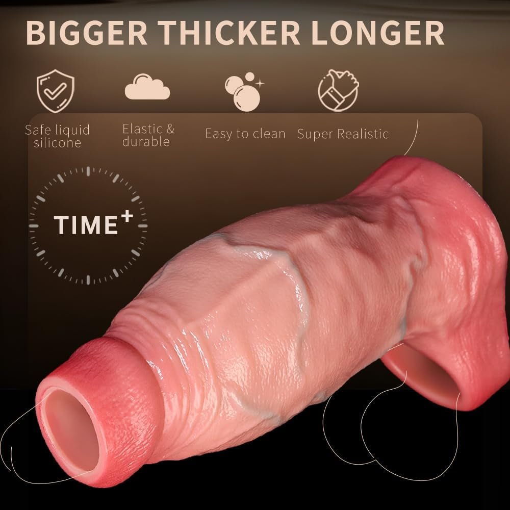 2.5'' Diameter Large Realistic Penis Sleeve, Reusable Cock Enlarger Extender with Thickened Elastic Penis Ring to Prolong Sex/Delay Ejaculation/Enhance Erection,Silicone Sheath Adult Sex Toys - SinfulX - 