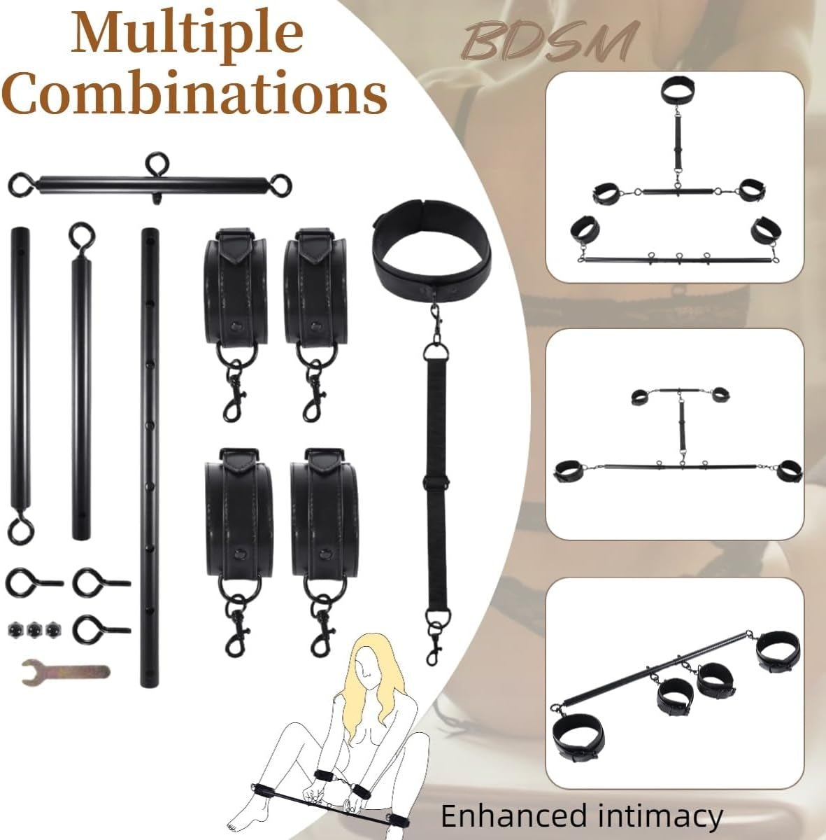 Spreader Bar BDSM Bondage Restraints Kits Sex Toys with Wrist Ankle Neck Collar Cuffs PU Leather Handcuffs Adjustable Adult Couples Toys for SM Games - SinfulX - 