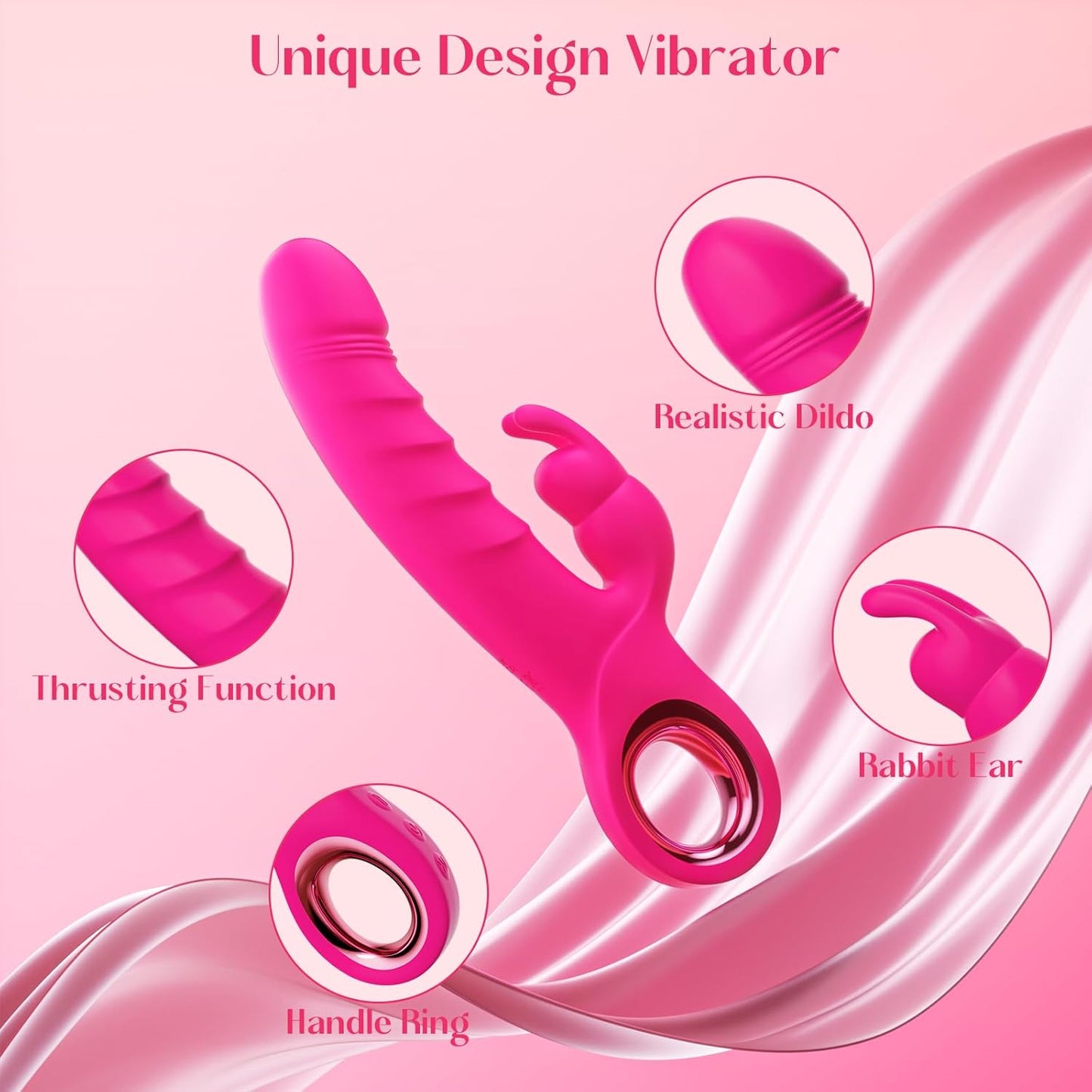 Thrusting Dildo Vibrator Sex Toys - 3 in 1 Female Sex Toys with 7 Thrusting & Rabbit & Vibration Modes - Independent Control Adult Toys with Multiple Stimulation, Rabbit Vibrators for Women (Rose) - SinfulX - 