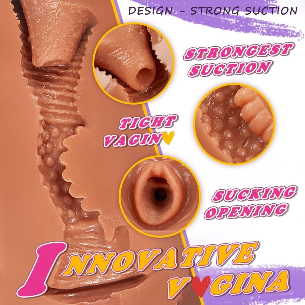 Brown Male Masturbator Sex Doll with Tight Labia, 2 Hole Pocket Pussy Ass Male Masturbator with Strong Suction Channel, 4.1 LB Sex Doll Male Sex Toy for Men Masturbation - SinfulX - 
