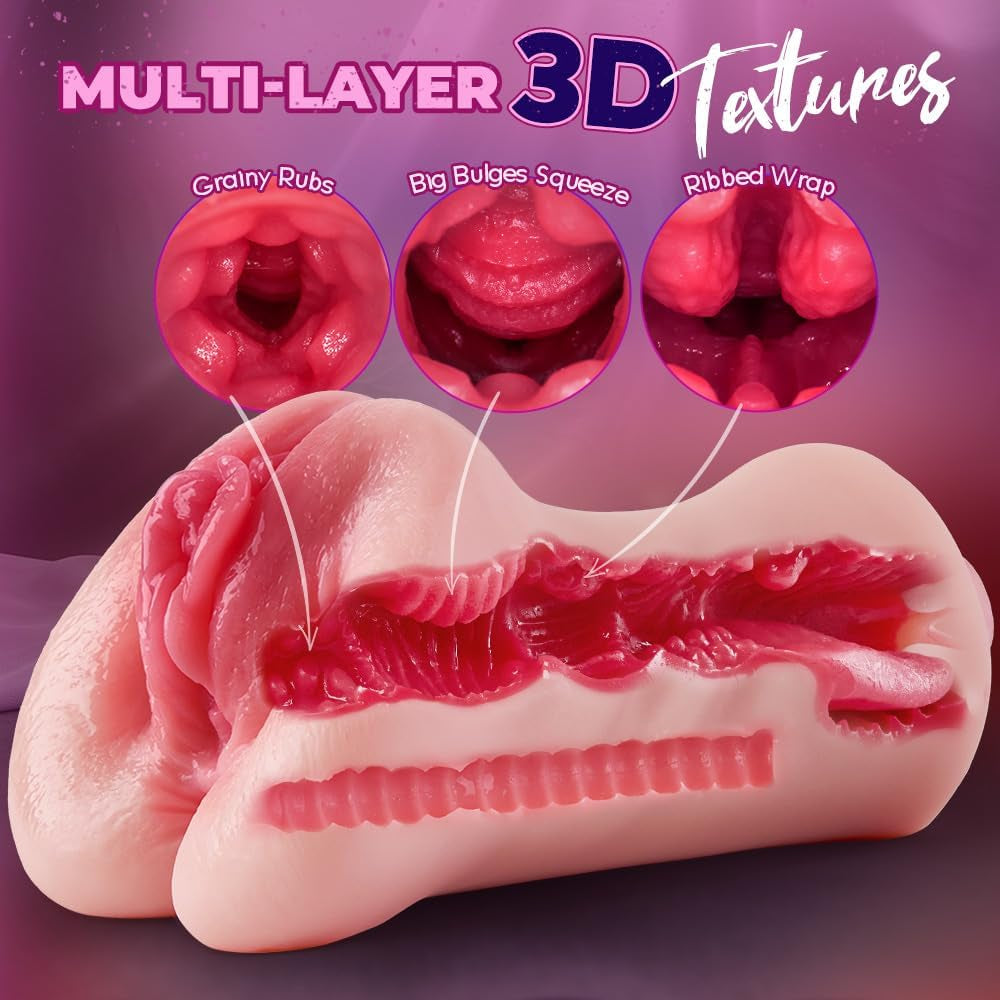 3 in 1 Pocket Pussy Male Masturbator–Soft Flesh Male Sex Toys for Men with Mouth, Tight Vagina & Anal, Realistic Blowjob Male Stroker Sex Toy with Easy-Clean Open End,Includes Lube & Drying Stick