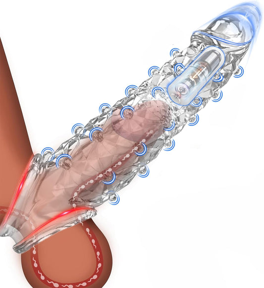 Penis Sleeve Vibrating Cock Sleeve, Penis Extension Reusable with Clitoral Stimulator, Soft Graininess Shaped Penis Extender, Penis Sleeve Enlarge Prolong, Sex Toy for Men and Women Pleasure