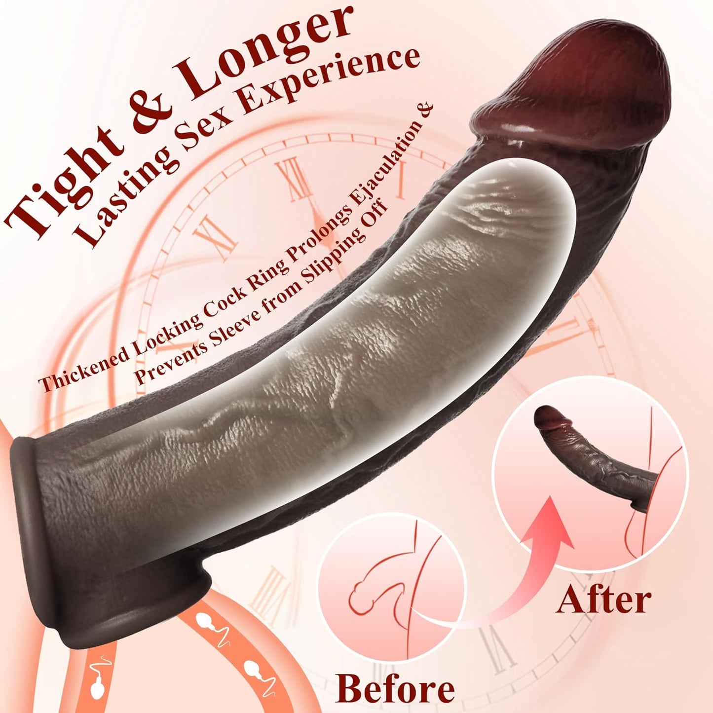 Realistic Penis Sleeve Extender for Men, 8.3'' Silicone Cock Sleeve with Testicle Ring, Reusable Penis Enlarger Delay Ejaculation Enhance Erection Male Adult Sex Toys for Couples by Brown - SinfulX - 