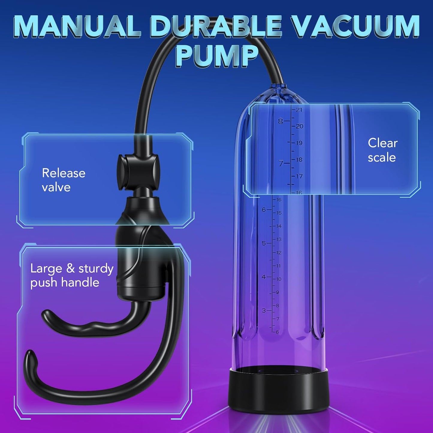 Penis Enlarge Vacuum Pump, Manual Pennis Extender Enlarger Enlargement Pump Air Pressure Device, Adult Male Sex Toys for Men Stronger Bigger Erections with 2 Suction Sleeve & 6 Penis Rings and Lube - SinfulX - 