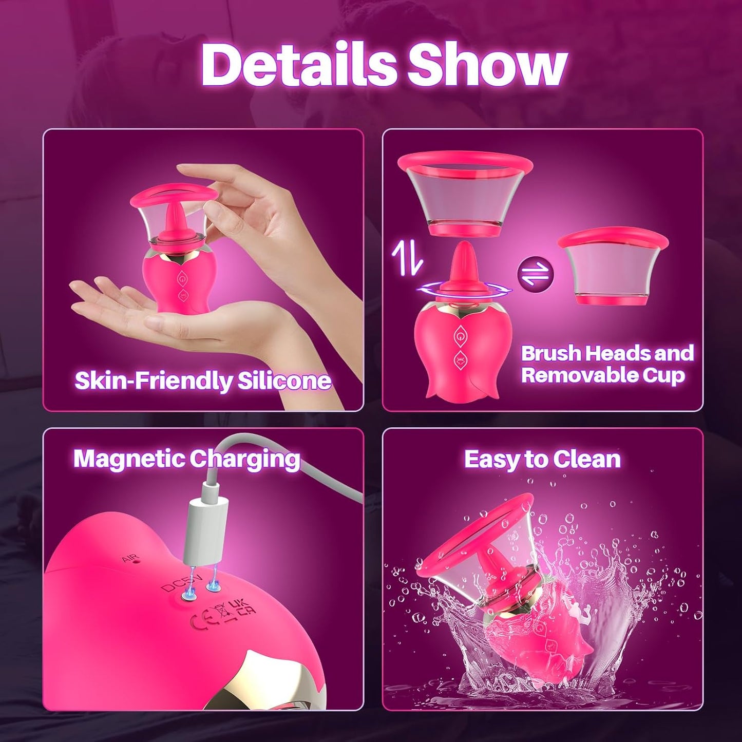 Sucking Vibrator Rose Toy with 3 Brush Heads 2 Removable Cups, Adult Sex Toys Clit Sucker for Clitoral Nipple Stimulation, Nipple Sex Toy Vibrators with 12 Rotation for Women or Couples - SinfulX - 