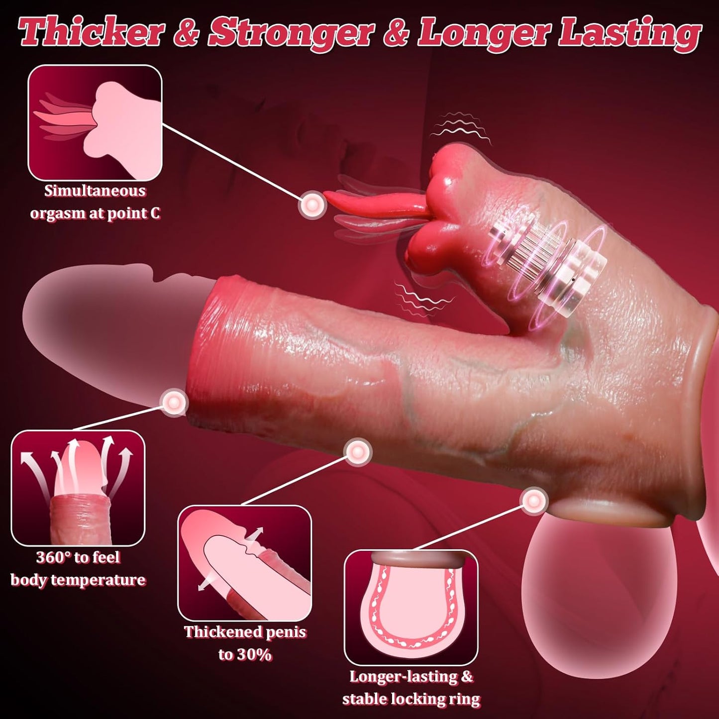 Penis Sleeve Vibrator Cock Ring - Penis Extender Cock Sleeve Delay Ejaculation with Clitoral Stimulator, Remote Control Penis Enlarger Elastic Penis Ring with 10 Vibrating Mode, Male Sex Toys for Men - SinfulX - 