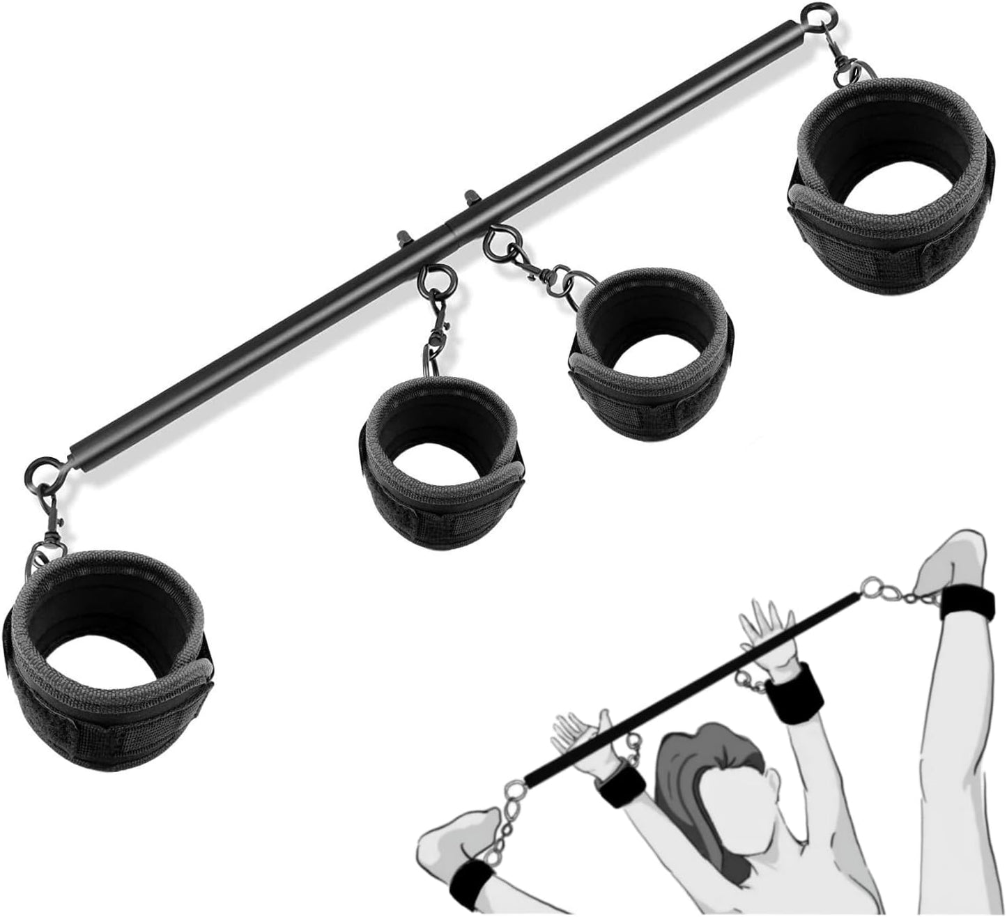 Spreader Bar Sex Toys Sex Furniture Restraints with Handcuffs Ankle Cuffs BDSM Bondage Set for Couples Adults SM Games Sex Play Adjustable and Detachable 22 - 36 Inch (Black) - SinfulX - 