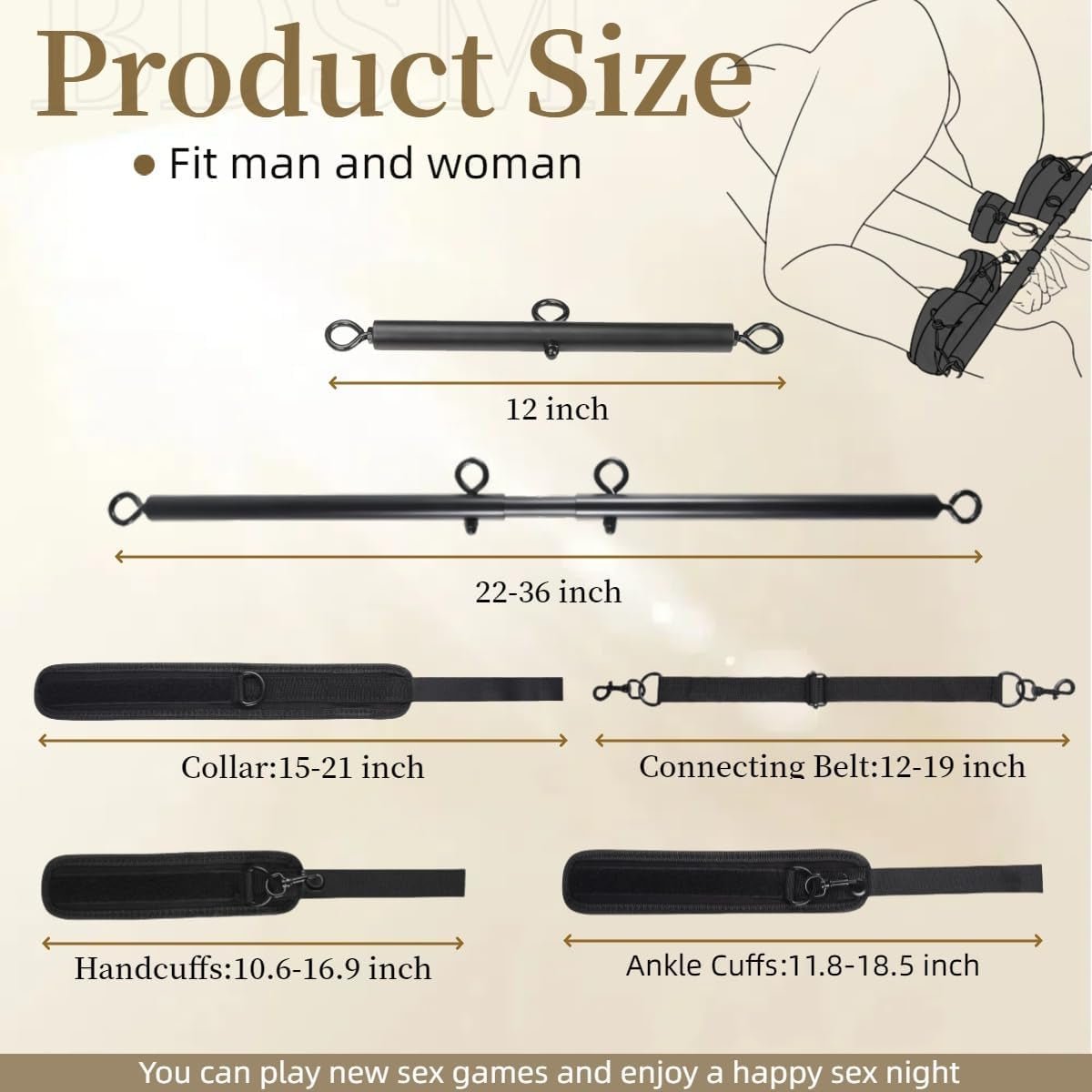 Spreader Bar Sex 2 Pieces Toys Restraints with Wrist Ankle Neck Collar for Women Bondage BDSM Set for Couples Adjustable Handcuffs Collar SM Games Sex Play 22 - 36Inch (Black) - SinfulX - 