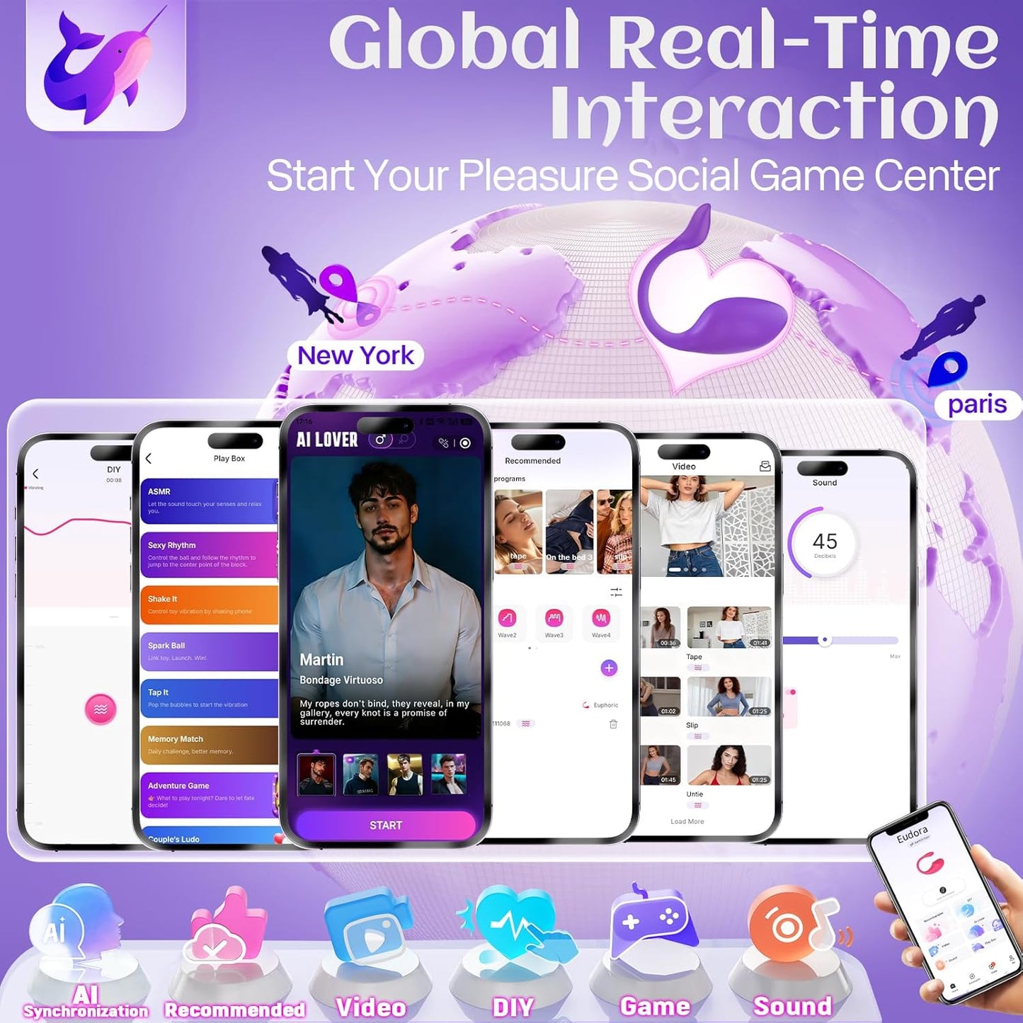 Dildo AI Sync Vibrator Sex Toys - Wearable Panty Vibrating Egg Vibrators with 9 Modes, APP Control, G Spot Clitoral Anal Butt Plug Unisex Adult Sex Toy for Women Men Couples Long Distance - SinfulX - 