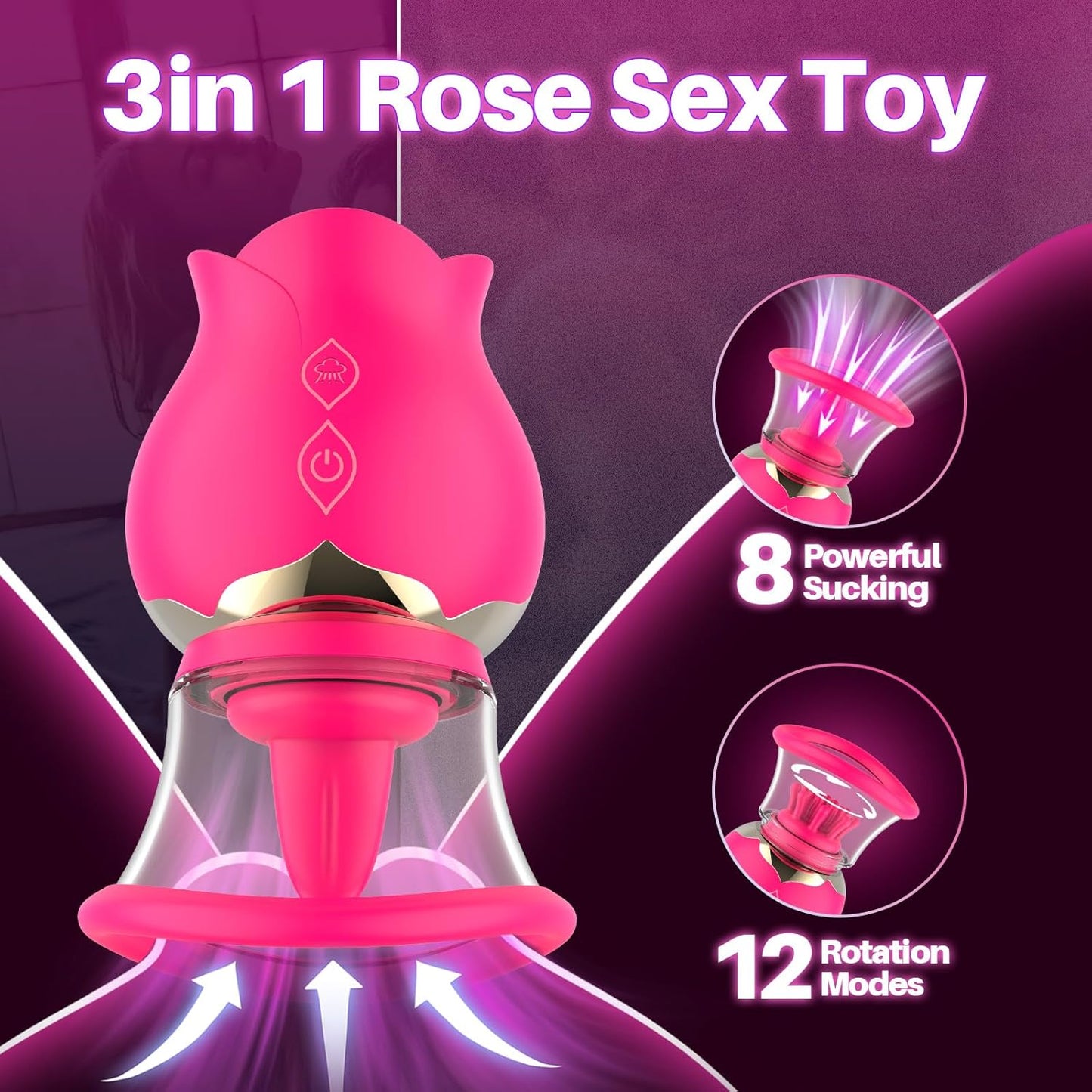 Sucking Vibrator Rose Toy with 3 Brush Heads 2 Removable Cups, Adult Sex Toys Clit Sucker for Clitoral Nipple Stimulation, Nipple Sex Toy Vibrators with 12 Rotation for Women or Couples - SinfulX - 