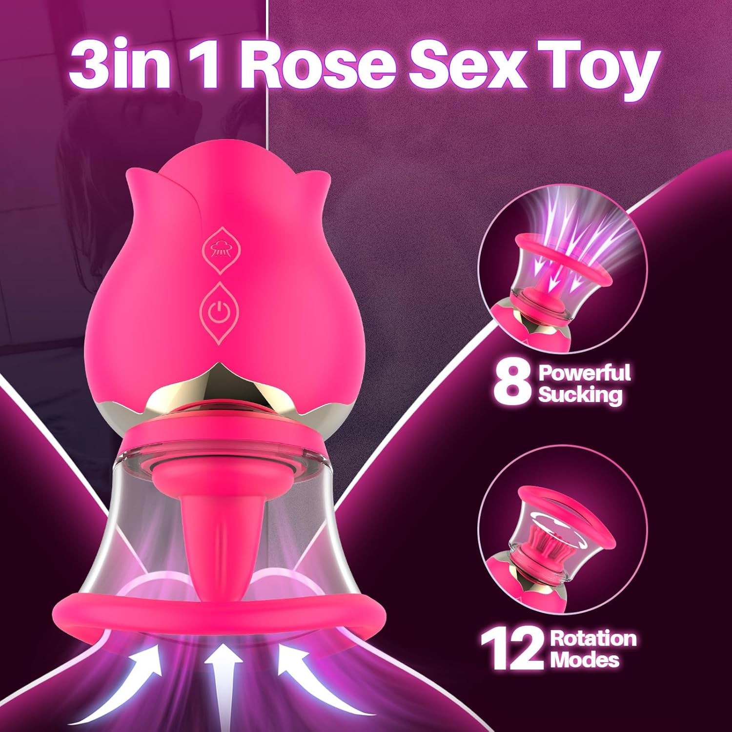 Sucking Vibrator Rose Toy with 3 Brush Heads 2 Removable Cups, Adult Sex Toys Clit Sucker for Clitoral Nipple Stimulation, Nipple Sex Toy Vibrators with 12 Rotation for Women or Couples - SinfulX - 