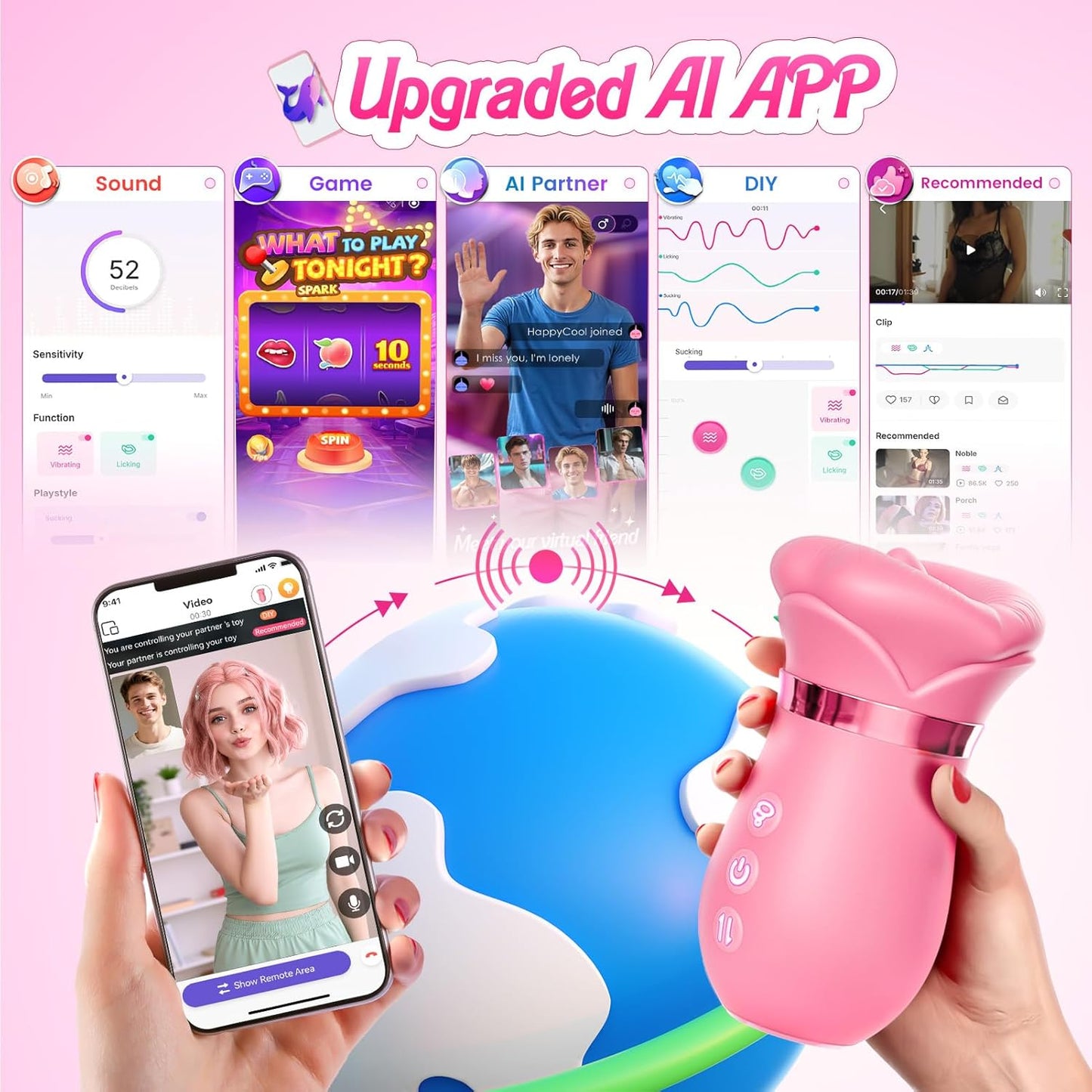 Vibrator Adult Sex Toys for Women - 5IN1 Mouth Sucking Vibrator Rose Sex Toy, 10 Tongue Licking, 3 Auto & 1 Manual Sucking Adult Toys New APP, Anal Clit Nipple Vibrators Female Couples Sex Toys - SinfulX - 