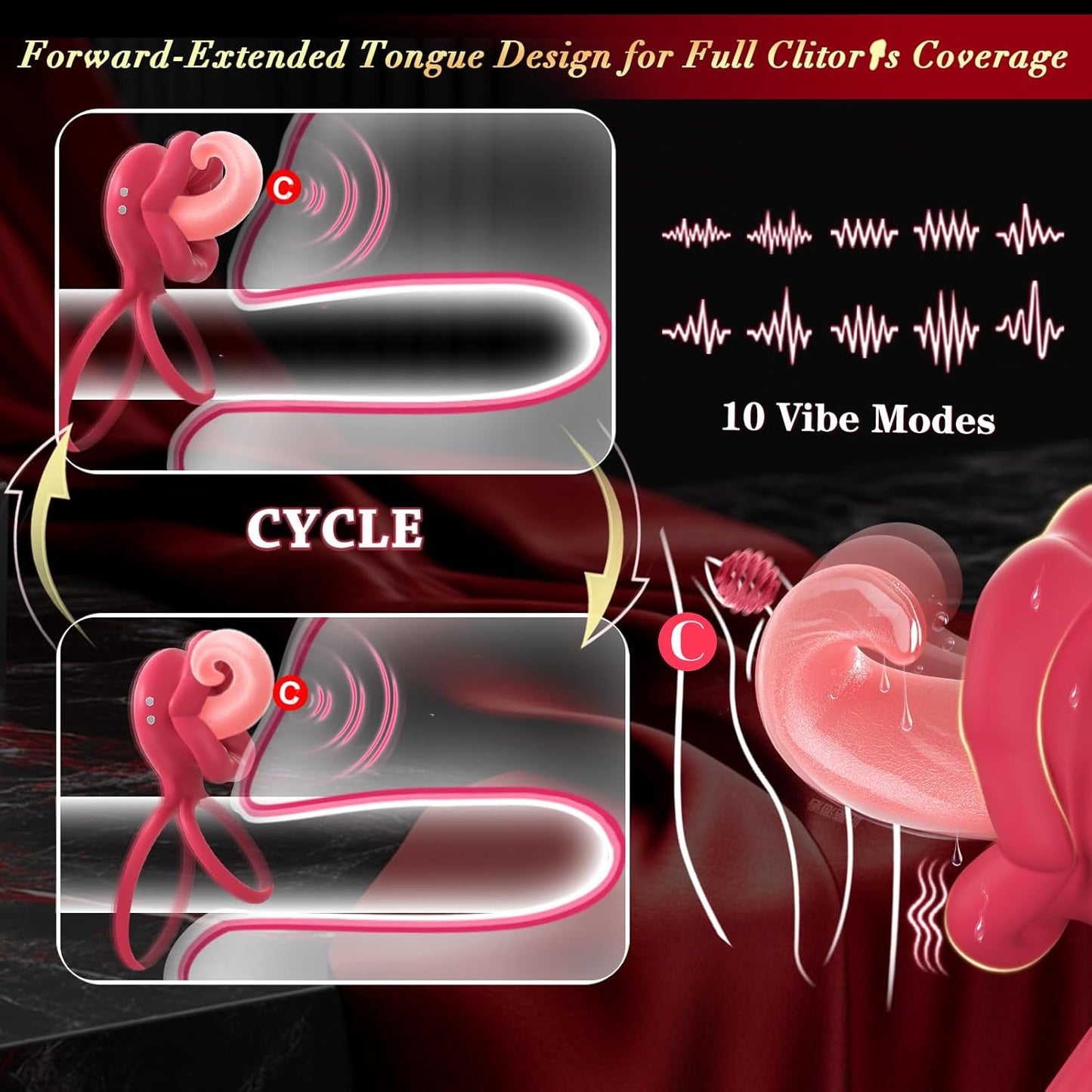 TongueWave Tongue Clit Vibrating Cock Ring 10 Modes Silicone - SinfulX - Personal Care > Sexual Wellness > Couples Cock Ring