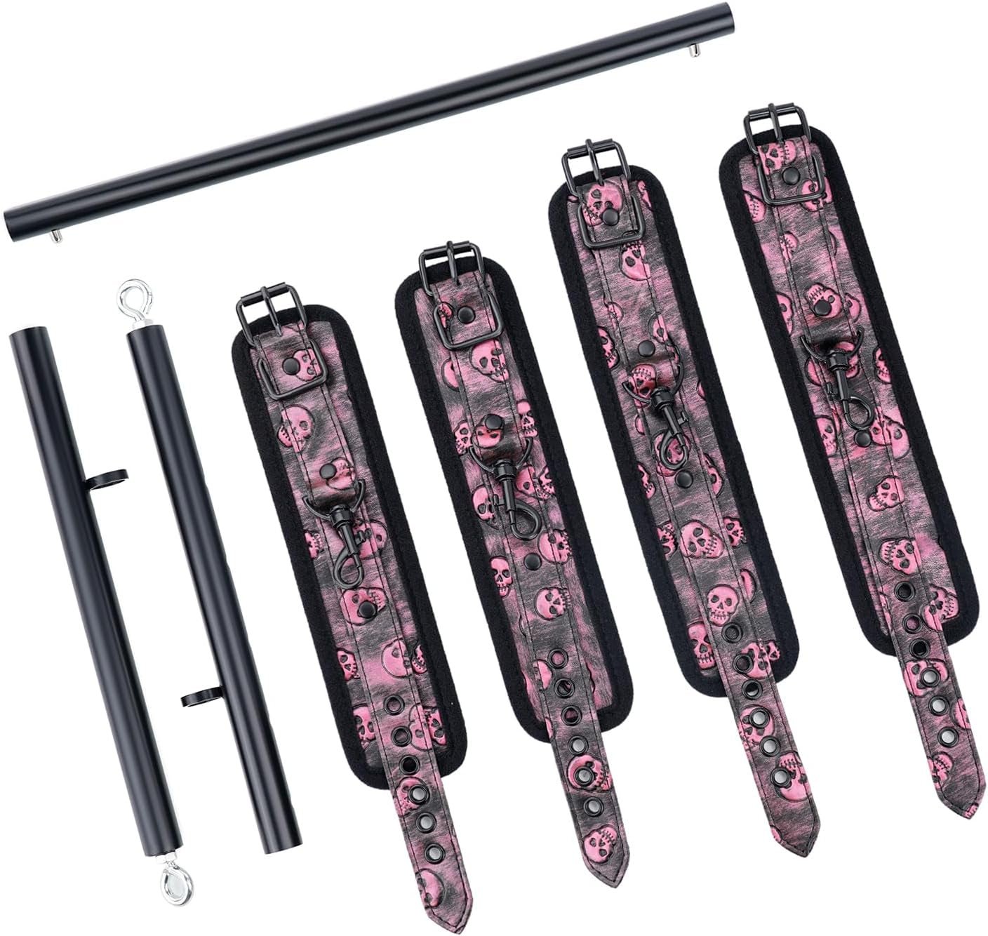 Heavy Duty Stainless Steel Expandable Bar Home Gym with 4Pcs Furry Crocodile Red Adjustable Strap,Sports Aid Training Pilates Aid Kit,Indoor Yoga Set - SinfulX - 
