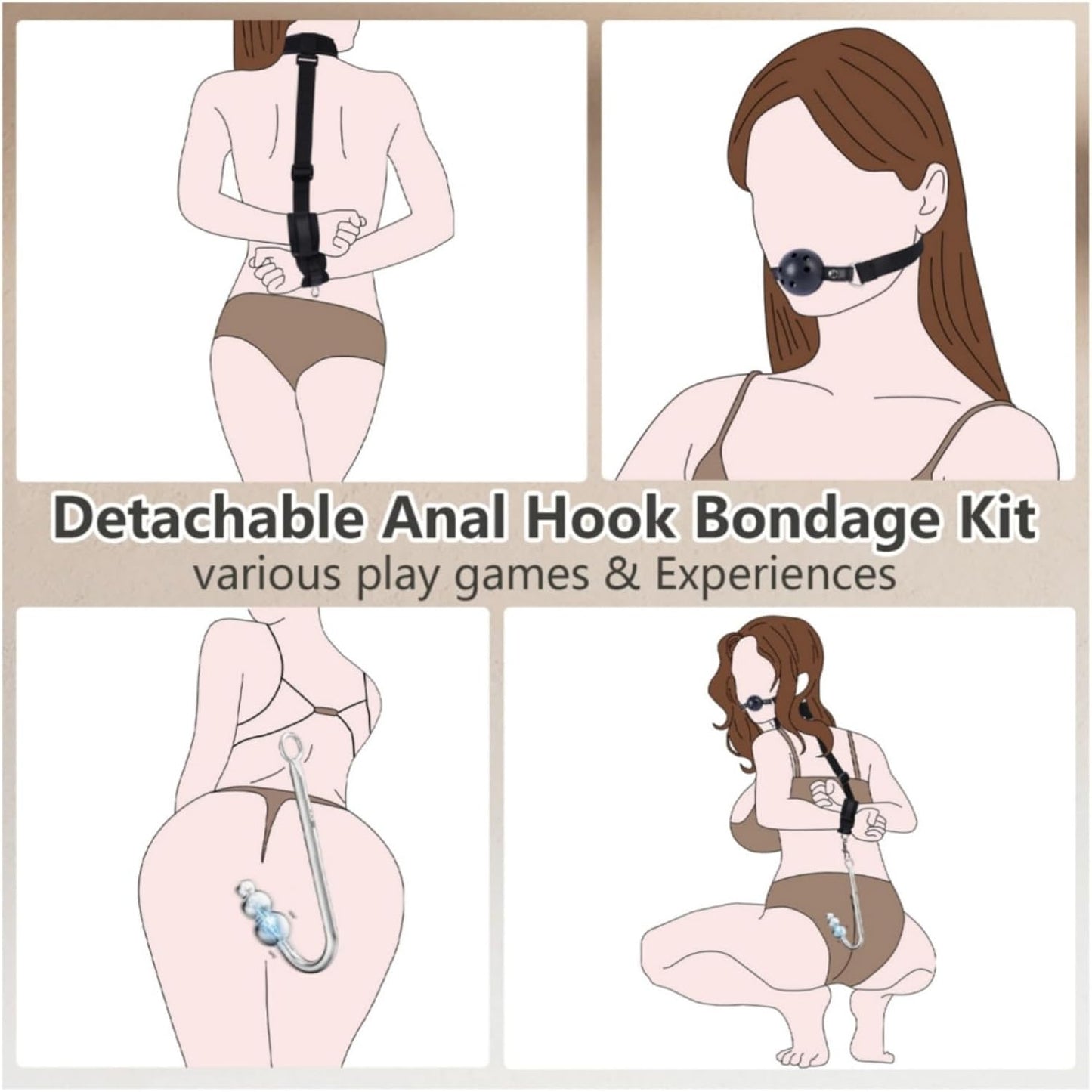 Vibrating Anal Hook BDSM Sex Bondage - Neck to Wrist Restraints Kit, Sex Toys for Couple Adjustable Back Handcuffs Bondage Restraints Set, Bed SM Adult Sex Game Play, Sex Toys for Beginner - SinfulX - 