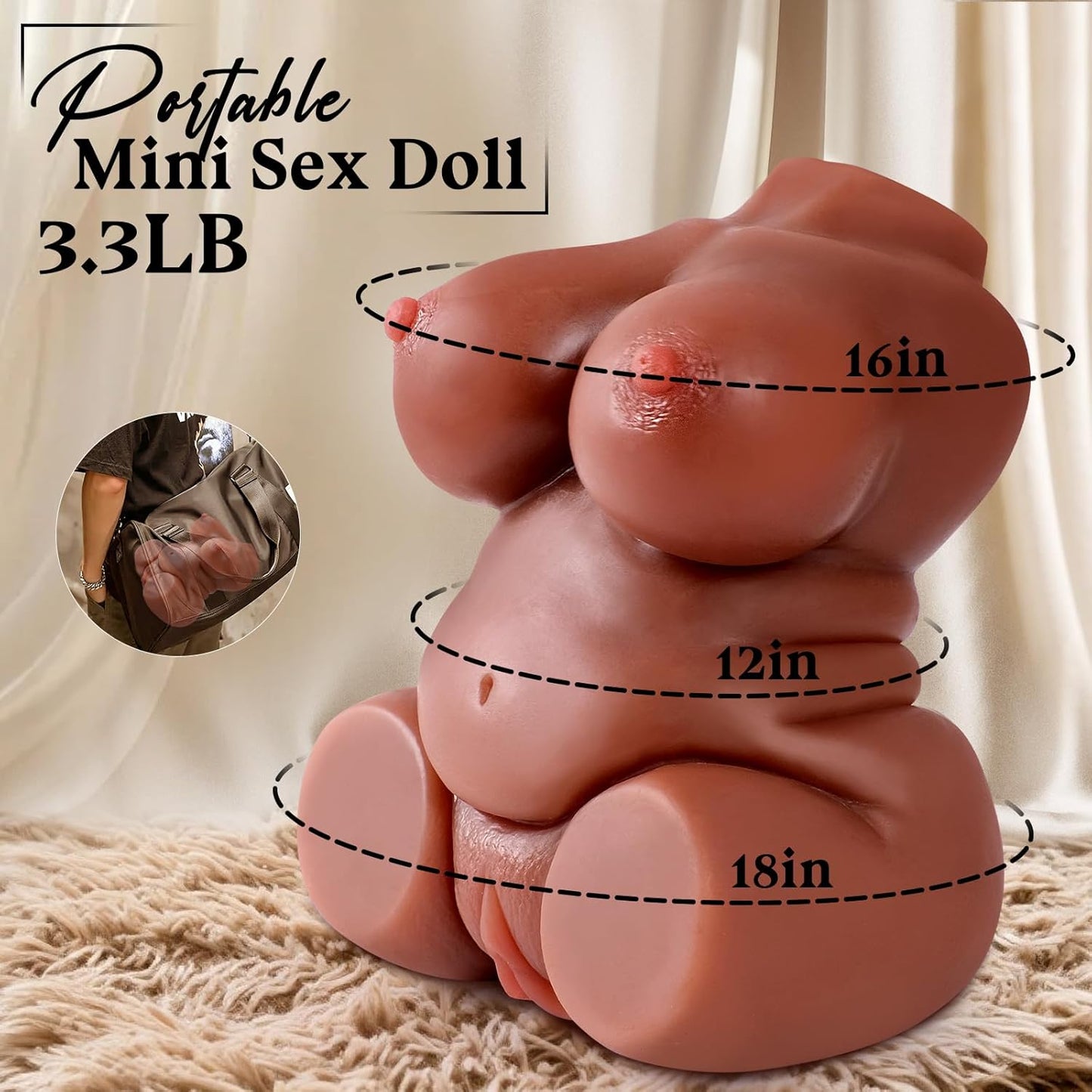 Portable Sex Doll Male Masturbator for Men Pocket Pussies - 3.3LB Brown BBW Torso with Lifelike Touch, Perfect Waist - To - Hip Ratio & Two Textured Channels,Vagina Anal for Several Sex Positions - SinfulX - 
