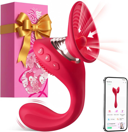 Sucking Vibrator Sex Toys for Women, 3IN1 Tongue Rose Toy G Spot Clitoral Vibrators for Nipple Clit Sucker, APP Control Adult Toys Dildo with 9 Suction 9 Vibration & 9 Vibrating Brush Modes - SinfulX - 