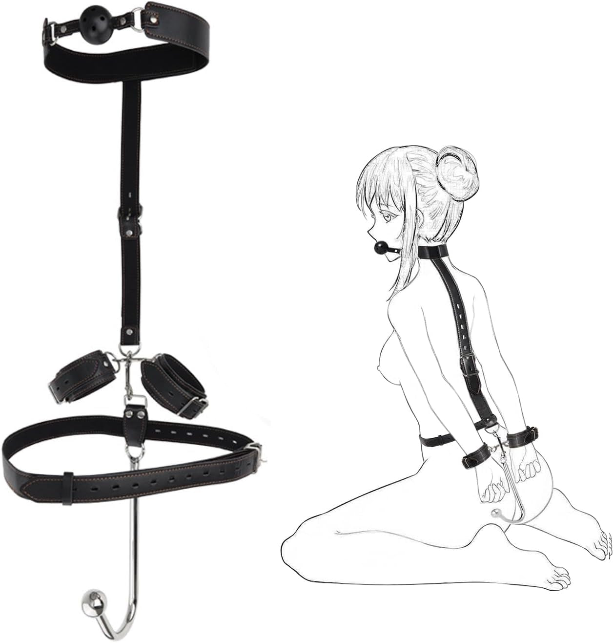 Anal Hook BDSM Sex Bondage, Ball Gag Restraints Kit, Sex Toys for Couple Adjustable behind Back Handcuffs Bondage Restraints Set, Bed SM Adult Sex Game Play, Sex Toys for Beginner - SinfulX - 