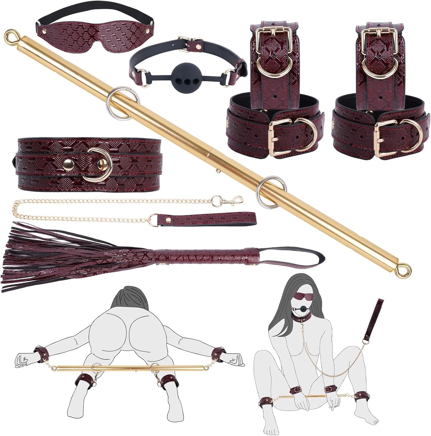 10PCS BDSM Kit Spreader Bar Sex Toys Furniture Restraints, Stunning Leather Bondage Set Handcuffs Ankle Cuffs for Couples Adult Sexual Games Play Kinky (Red, Adjustable) - SinfulX - 