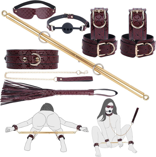 10PCS BDSM Kit Spreader Bar Sex Toys Furniture Restraints, Stunning Leather Bondage Set Handcuffs Ankle Cuffs for Couples Adult Sexual Games Play Kinky (Red, Adjustable) - SinfulX - 