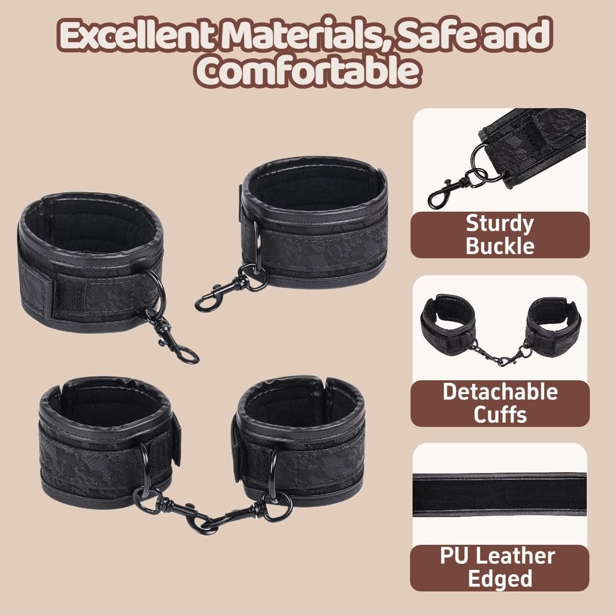 Spreader Bar BDSM Bondage Restraints Kit 11PCS Sex Toys Handcuffs Ankle Collar Cuffs Nipple Clamps Ball Gag Blindfold Paddle Dice PU Leather Lace Pattern Adjustable Adult Games for Couples - SinfulX - 