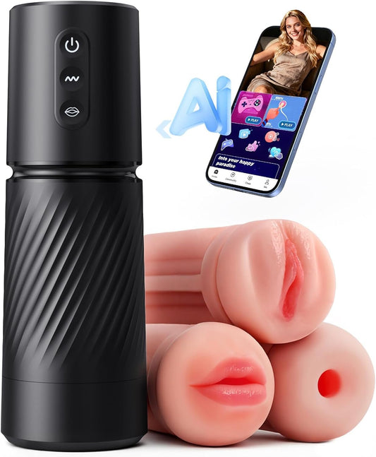 Sex Toys for Men Male Masturbator - 3 Sleeves AI Sync Pocket Pussy Mens Sex Toy with 10 Sucking & 10 Dual Vibrating, APP Control Penis Pump Adult Toy Male Stroker Blowjob Machine Massage Kits - SinfulX - 