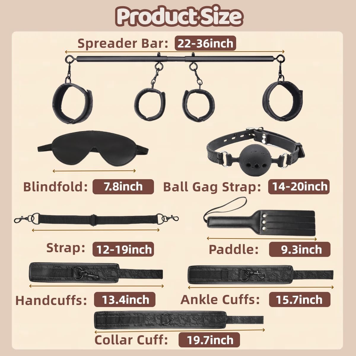 Spreader Bar BDSM Bondage Restraints Kit 11PCS Sex Toys Handcuffs Ankle Collar Cuffs Nipple Clamps Ball Gag Blindfold Paddle Dice PU Leather Lace Pattern Adjustable Adult Games for Couples - SinfulX - 
