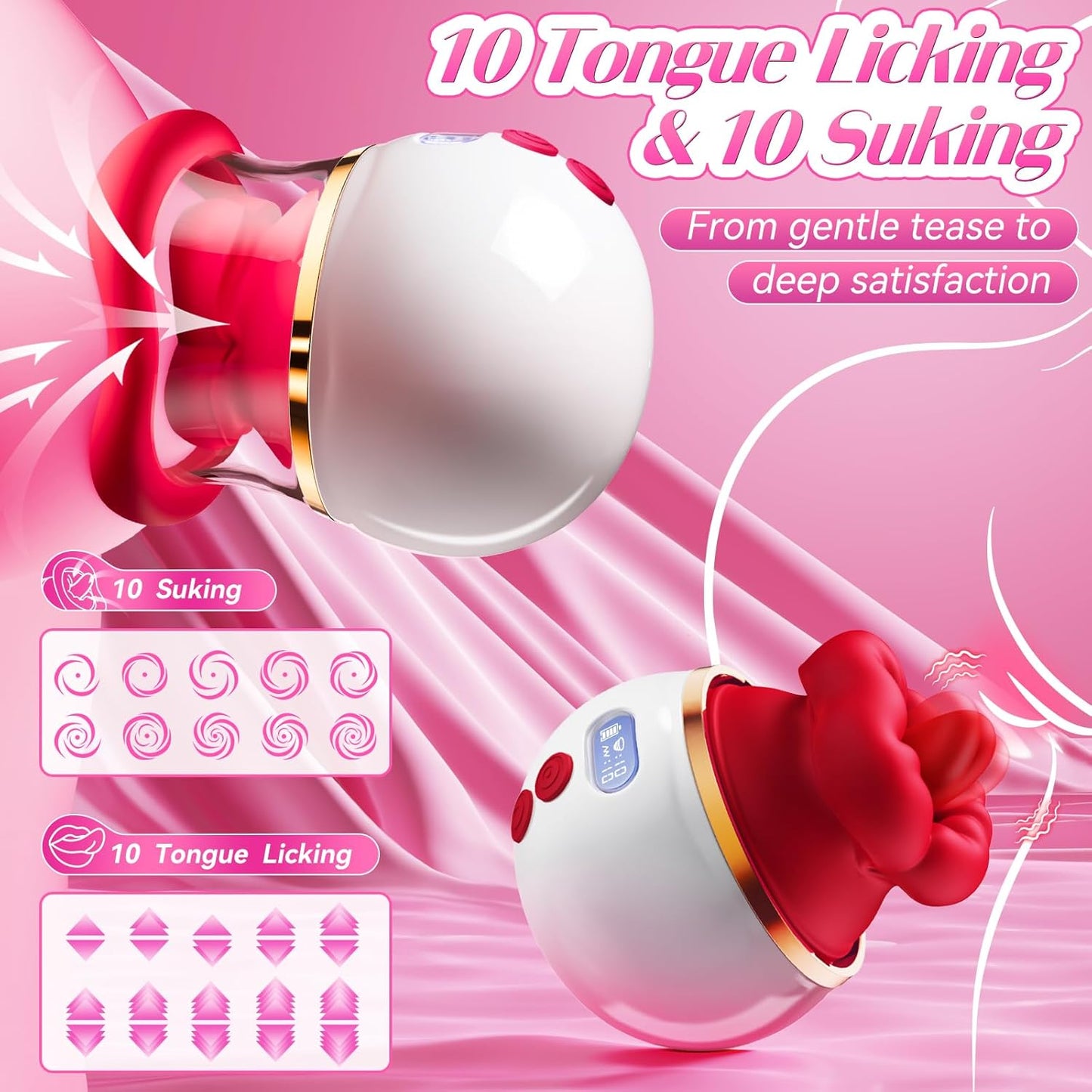 Sucking Vibrator Rose Sex Toy - 5 in 1 Kiss Lover Women Sex Toys Mouth Vibrator Tongue Toy with LCD, 10 Sucking & 10 Tongue Licking & 10 Vibrating, Clit Nipple & Anal Toys for Female Couples - SinfulX - 