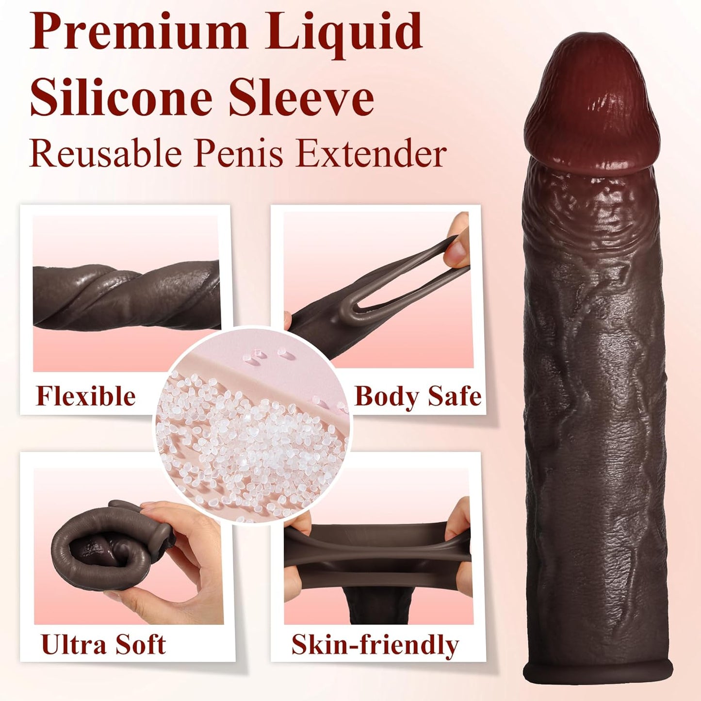 Realistic Penis Sleeve Extender for Men, 8.3'' Silicone Cock Sleeve with Testicle Ring, Reusable Penis Enlarger Delay Ejaculation Enhance Erection Male Adult Sex Toys for Couples by Brown - SinfulX - 