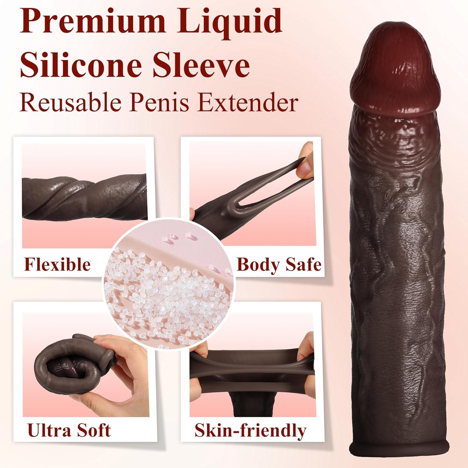 Realistic Penis Sleeve Extender for Men, 8.3'' Silicone Cock Sleeve with Testicle Ring, Reusable Penis Enlarger Delay Ejaculation Enhance Erection Male Adult Sex Toys for Couples by Brown - SinfulX - 