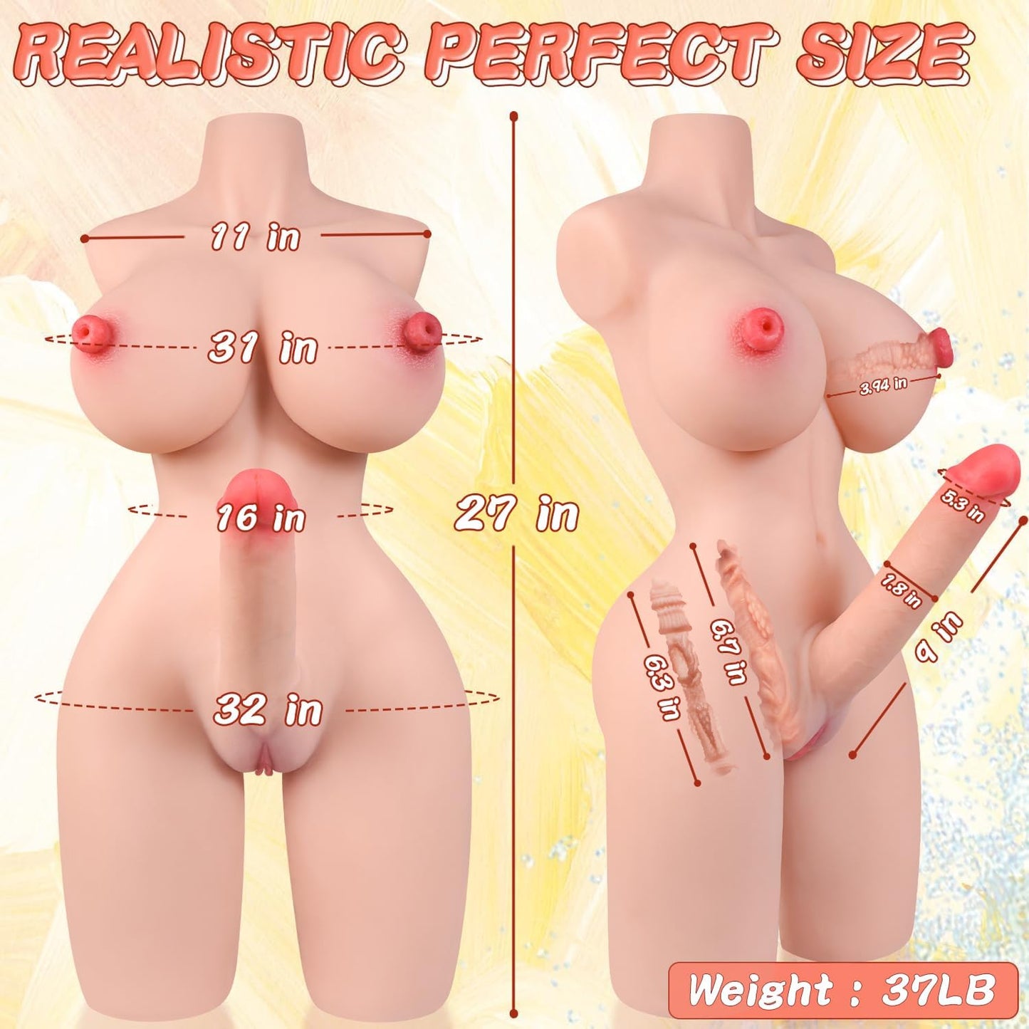 37LB Shemale Sex Doll with Penetrable Nipples & Flexible Dildo, 5 in 1 Trans Sex Doll Torso Male Masturbator for Vaginal Anal Breast Sex, Unisex Transsexual Love Doll Sex Toy for Gay Lesbian Couple - SinfulX - 
