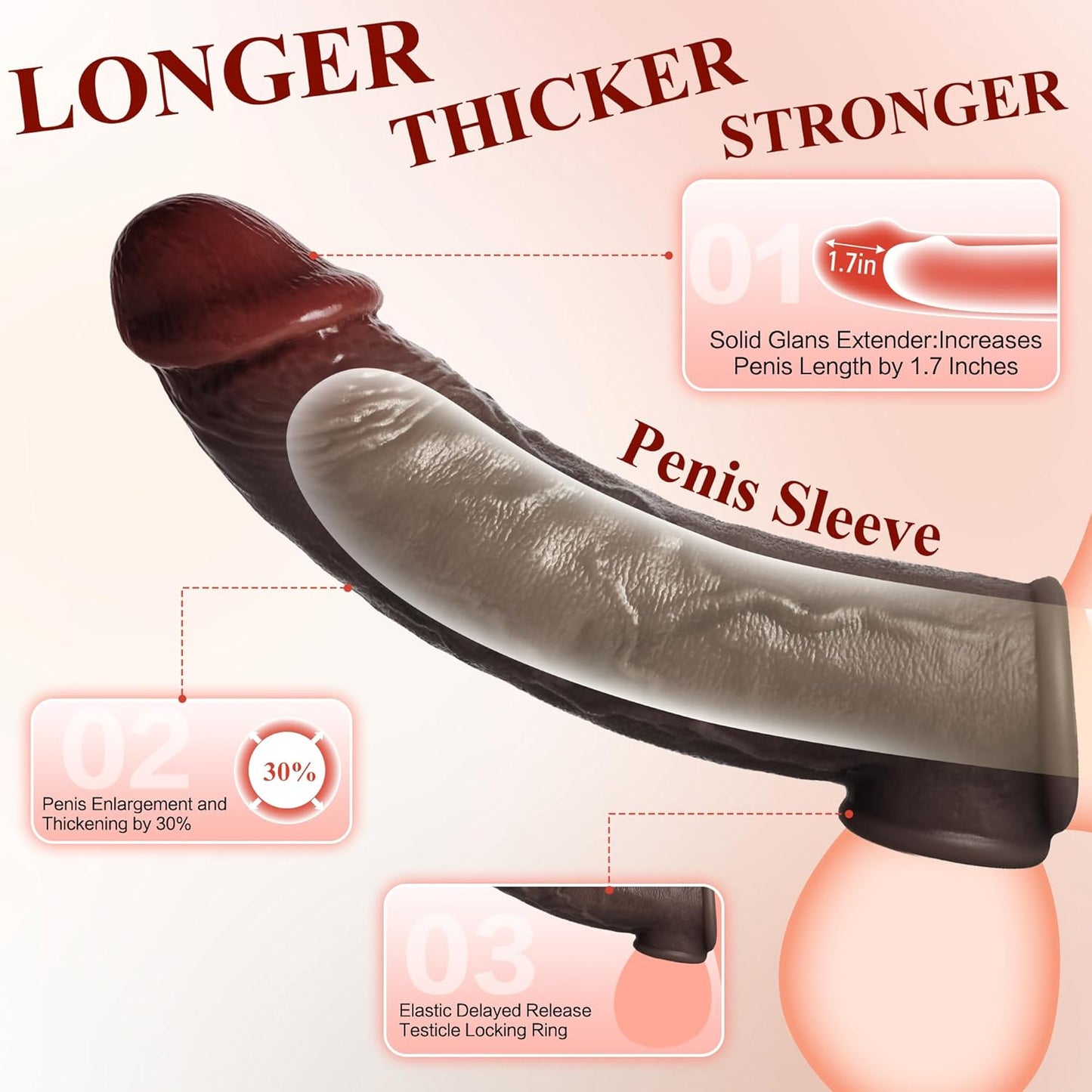 Realistic Penis Sleeve Extender for Men, 8.3'' Silicone Cock Sleeve with Testicle Ring, Reusable Penis Enlarger Delay Ejaculation Enhance Erection Male Adult Sex Toys for Couples by Brown - SinfulX - 