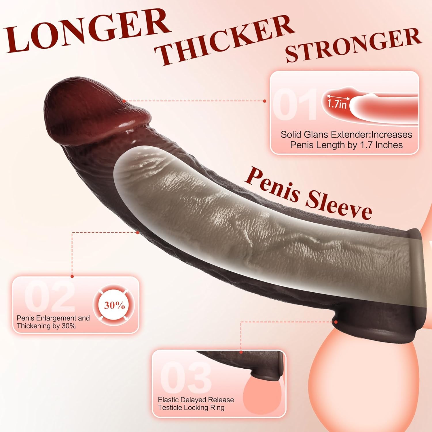 Realistic Penis Sleeve Extender for Men, 8.3'' Silicone Cock Sleeve with Testicle Ring, Reusable Penis Enlarger Delay Ejaculation Enhance Erection Male Adult Sex Toys for Couples by Brown - SinfulX - 
