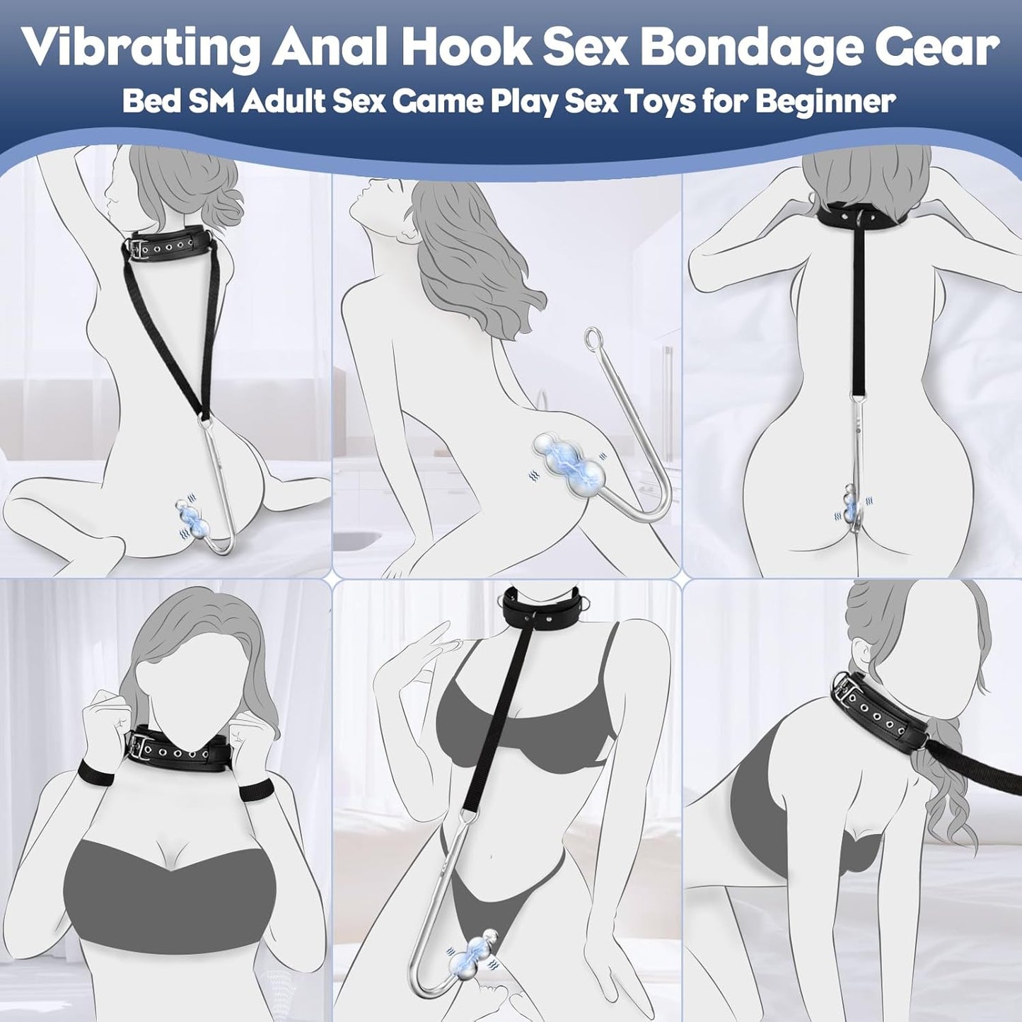 Vibrating Anal Hook Anal Plug, BDSM Anal Vibrator Sex Bondage Restraints Collar Traction Chain Anal Trainer with 9 Vibration Modes, SM Fetish Anal Sex Toys for Beginners Gay Women Couples - SinfulX - 