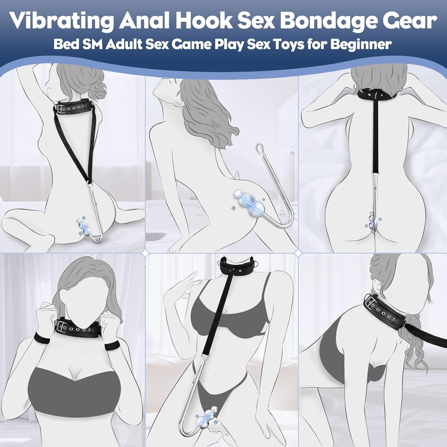 Vibrating Anal Hook Anal Plug, BDSM Anal Vibrator Sex Bondage Restraints Collar Traction Chain Anal Trainer with 9 Vibration Modes, SM Fetish Anal Sex Toys for Beginners Gay Women Couples - SinfulX - 