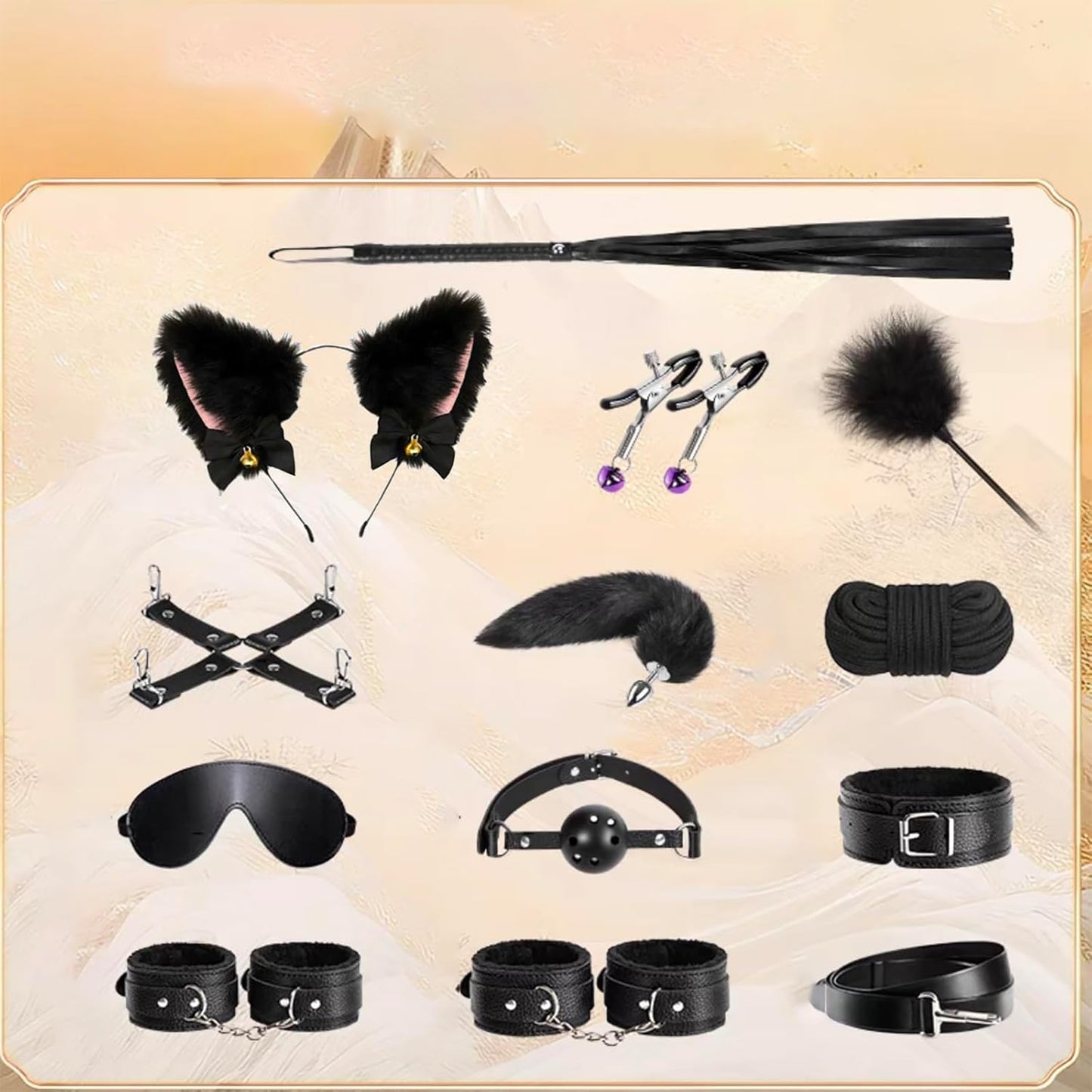 MidnightKink 12PC BDSM Kit Tail Anal Plug Restraints Set - SinfulX - 